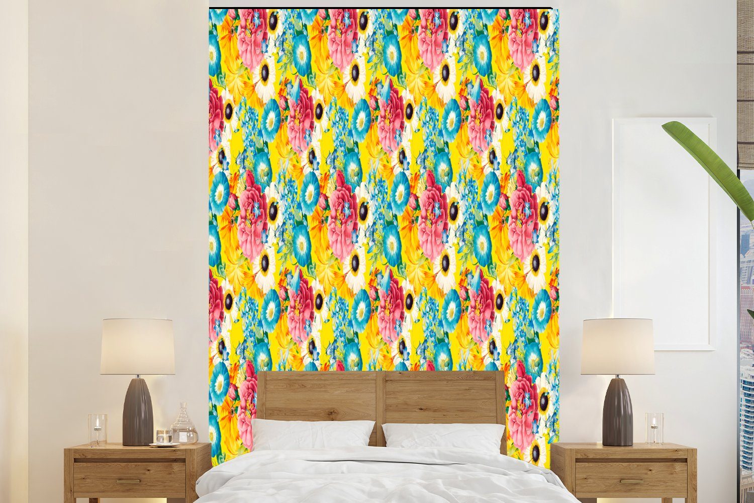 MuchoWow Fototapete Blumen - Farben - Muster, Matt, bedruckt, (3 St), Montagefertig Vinyl Tapete für Wohnzimmer, Wandtapete | Fototapeten