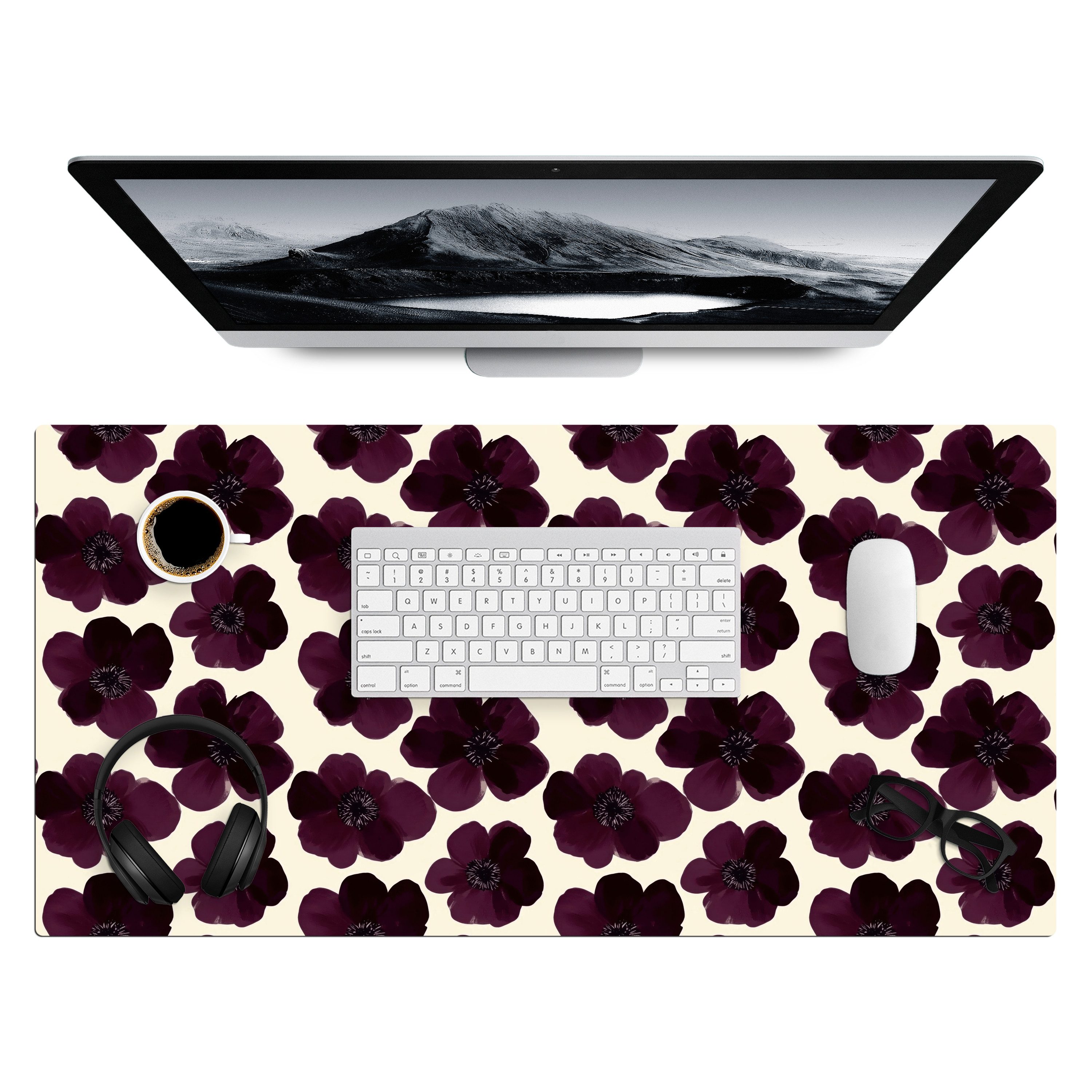 MuchoWow Gaming Mauspad Blumen - Aquarell - Lila (1-St), Gaming Mauspad XXL, Schreibtischunterlage, Desk Mat Groß, 80x40 cm