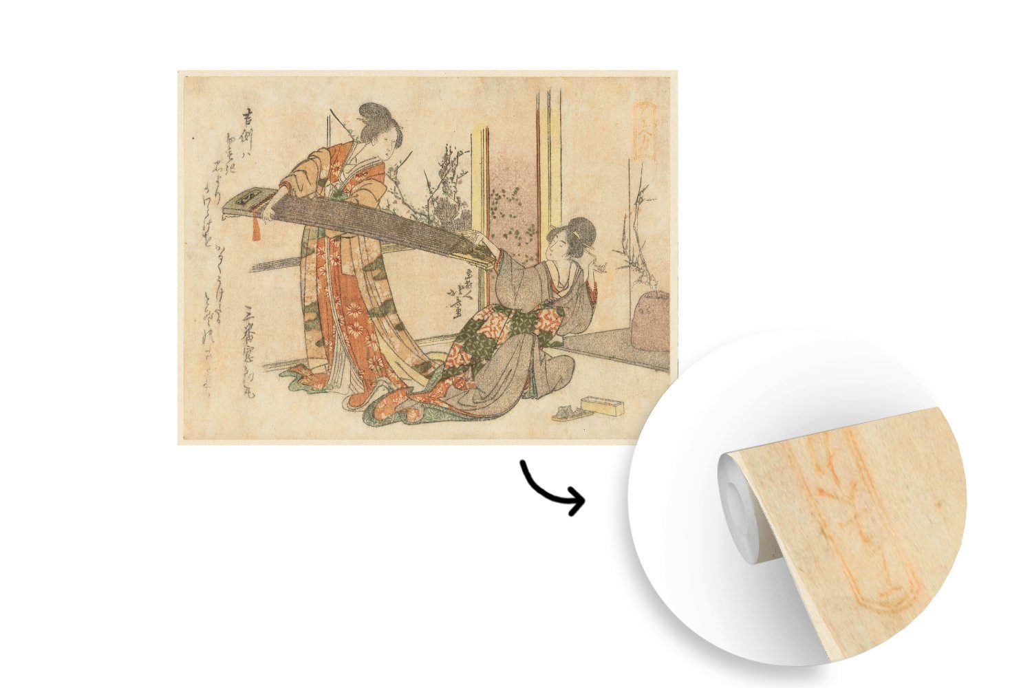 Fototapete Tapete Zwei Katsushika mit Frauen Wallpaper Wohnzimmer, Vinyl Kinderzimmer, Matt, Gemälde - bedruckt, für St), MuchoWow einer Hokusai, von Koto Schlafzimmer, (6