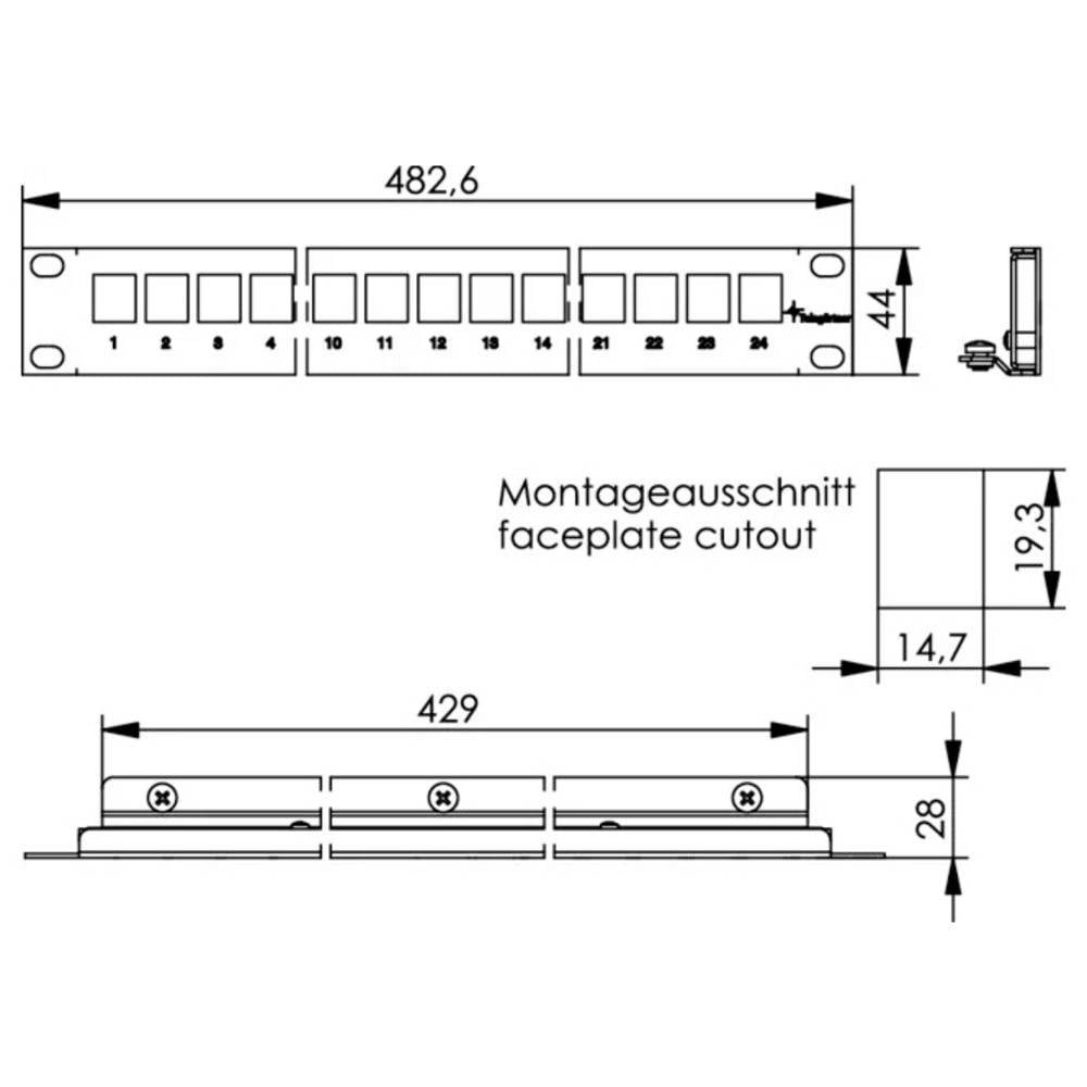 Telegärtner 100021498 19 Modulträger, unbestückt 483 mm (19) 1 HE Schwarz Netzwerk-Patch-Panel