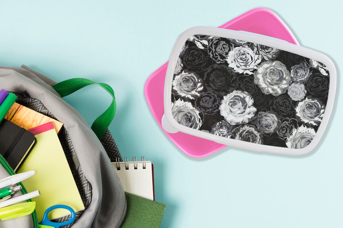 MuchoWow Lunchbox rosa - Schwarz Brotbox Kinder, Weiß - Mädchen, Erwachsene, Snackbox, Rosen Muster, und für Brotdose (2-tlg), Kunststoff, Kunststoff