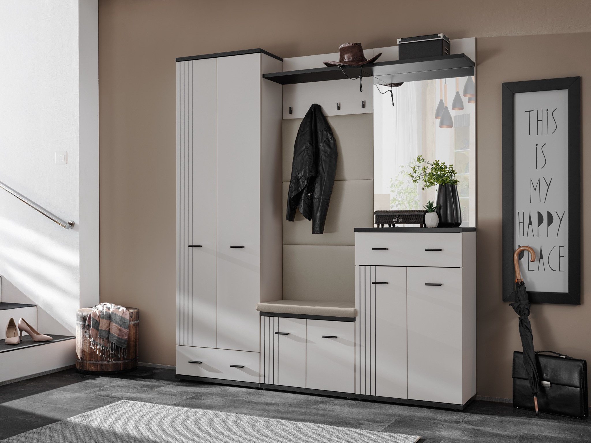 ASM-Moebel Garderoben-Set Flurgarderobe Schuhschrank HUGO VII mit Sitzbank und Spiegel, Mit Spiegel, Sitzbank und Polsterung.