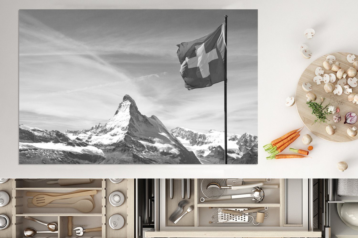 cm, tlg), Schweiz Matterhorn für Vinyl, Ceranfeldabdeckung die am weiß, Schutz schwarz Induktionskochfeld in Schweizer küche, - (1 der MuchoWow Flagge 81x52 Herdblende-/Abdeckplatte und
