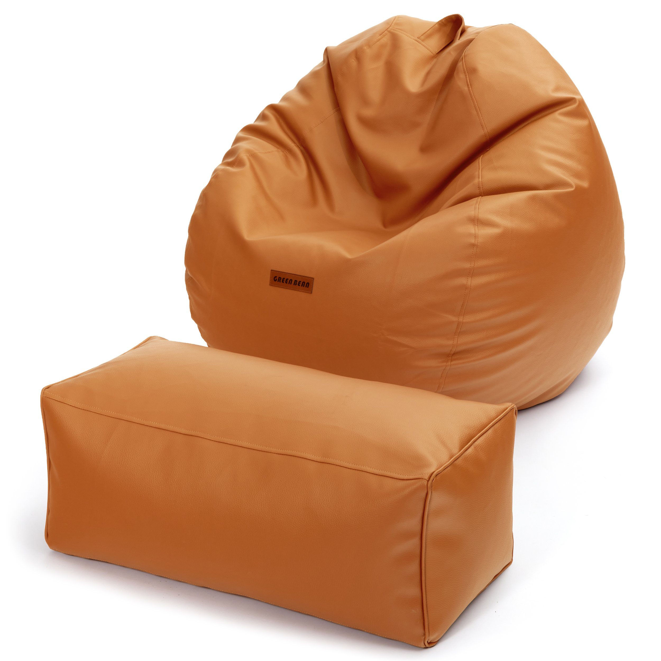 Green Bean Sitzsack XXL + Pouf als Set aus Kunstleder (Indoor / Outdoor, 3x Farben und verschiedene Kombinationen), Couch Kissen Riesensitzsack Lounge Chair Gamingstuhl Hocker Fußschemel Ottomane Cognac