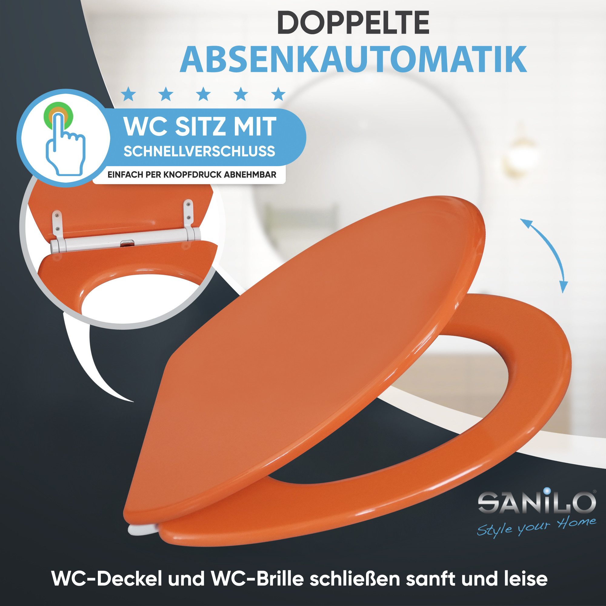 Sanilo WC-Sitz Orange mit Absenkautomatik & Quick Release, Premium Toilettendeckel, abnehmbar, leichte Montage von oben