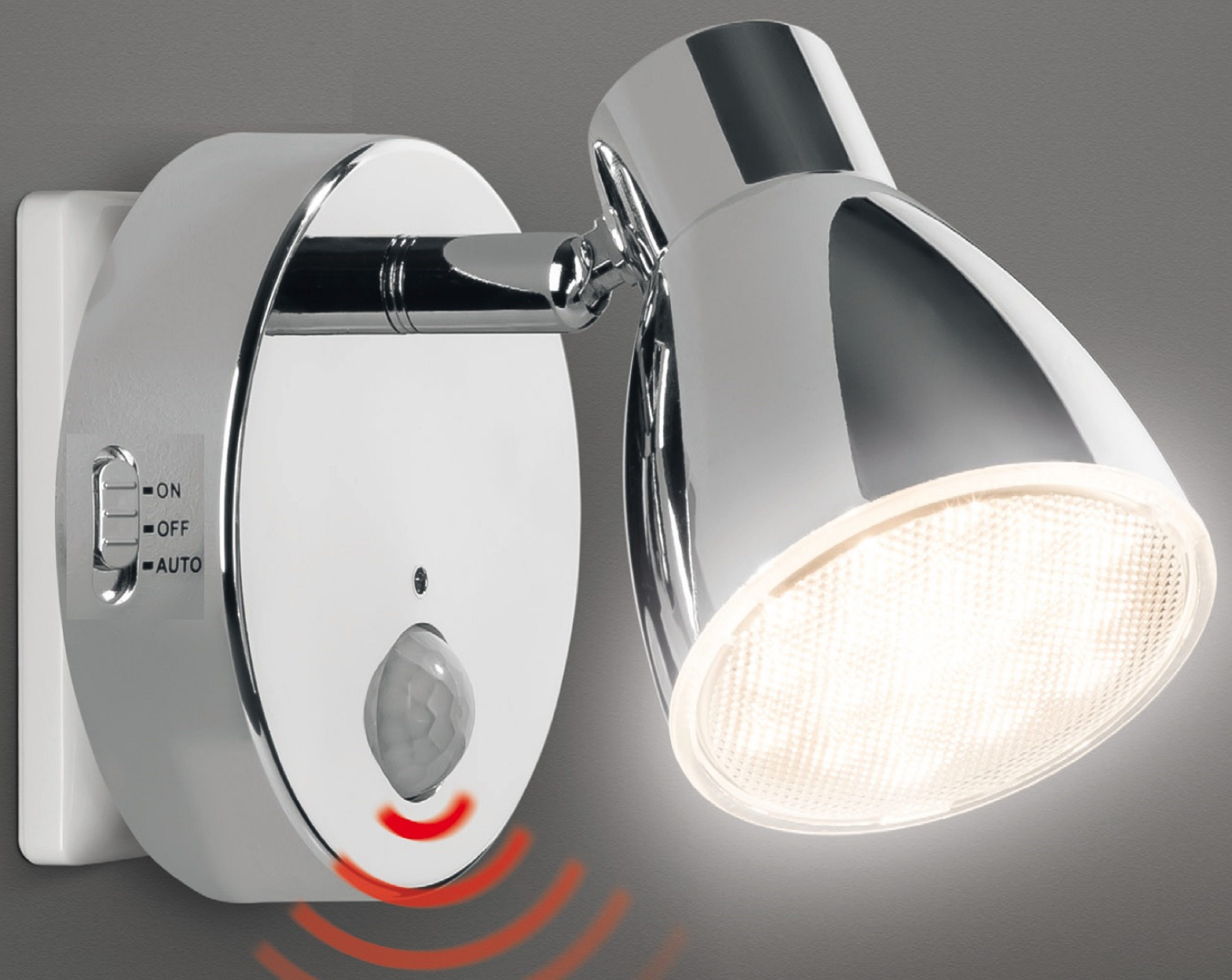 TRANGO LED Nachtlicht, Bewegungsmelder, 2635-018 LED Sensor Steckdosenlampe *MILO* mit Automatikfunktion in Chrom Sicherheitslicht 230V, Wandlampe, Orientierungslicht, Nachtlampe, Steckdosenlicht