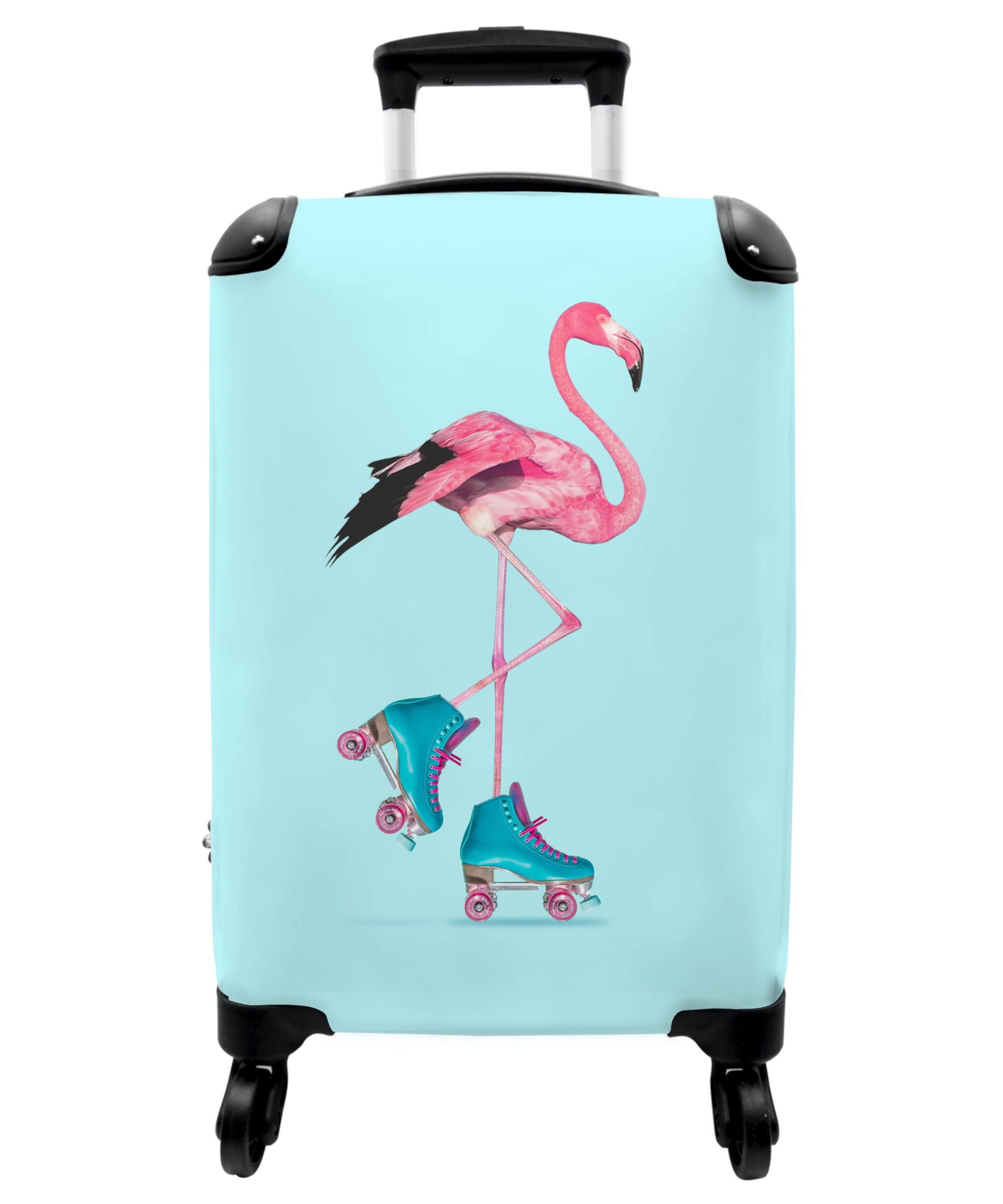 NoBoringSuitcases.com© Kinderkoffer 55x35x20cm Flamingo - Rollschuhe - Blau - Rosa, 4 Rollen, Koffer mit 4 rollen, Kindertrolley, Reisekoffer für Mädchen