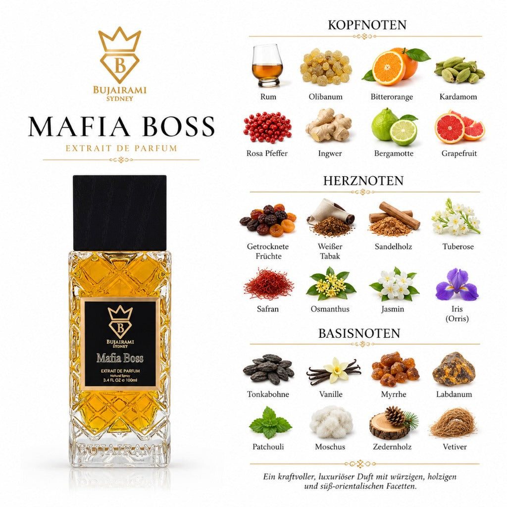 Bujairami Duft-Set Mafia Boss Extrait de Parfum – Orientalisch + Parfümzerstäuber (leer)