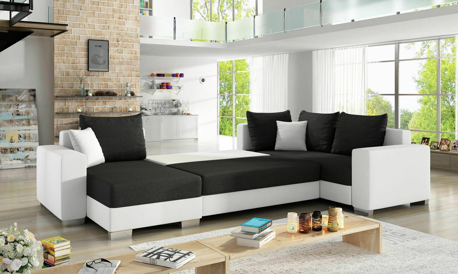Textil, / Polster Couch Sofa Schwarz JVmoebel Mit Schlafsofa Ecksofa Weiß Bettfunktion Ecksofa Bettfunktion Design