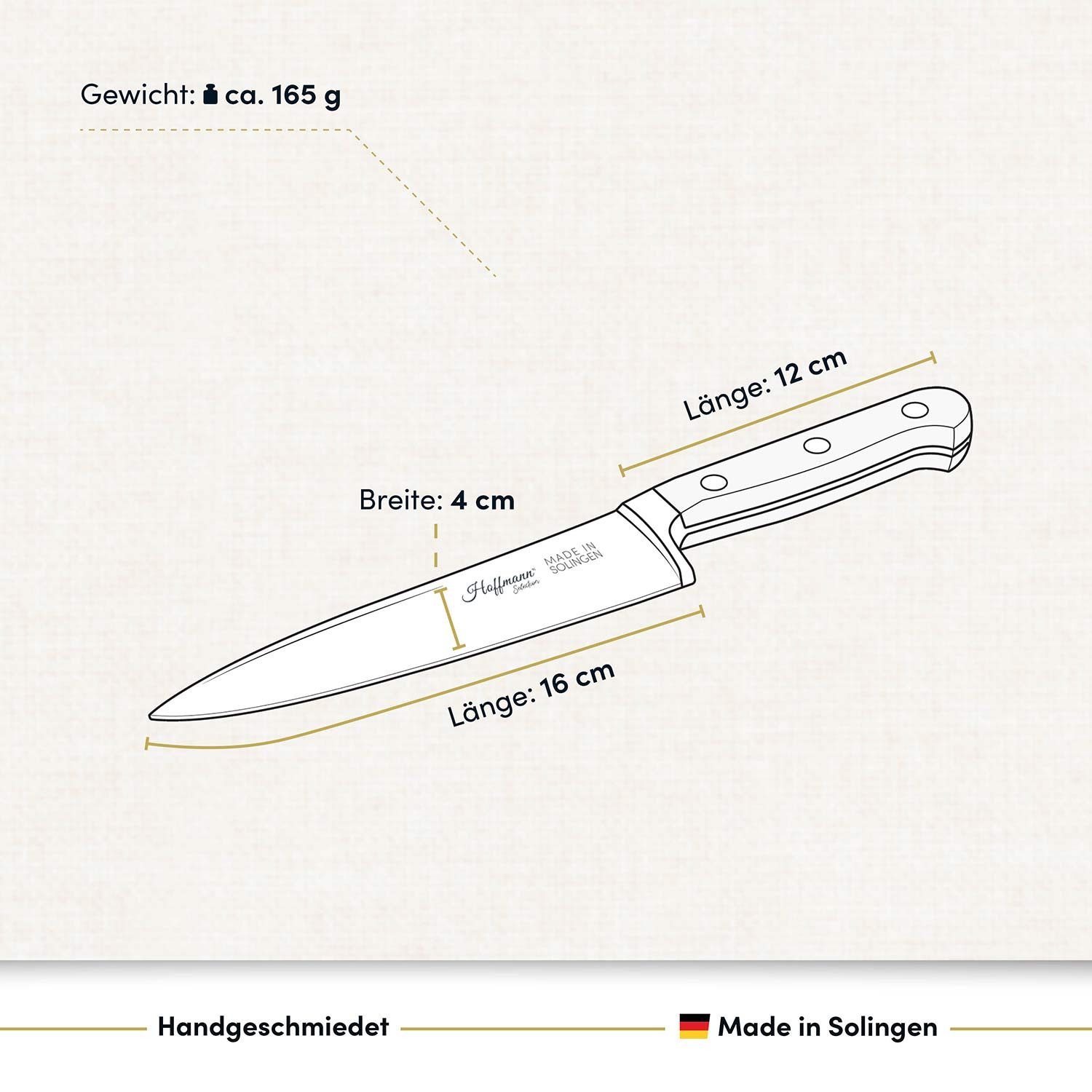 Hoffmann Germany Kochmesser Chefmesser klein handgeschmiedet Solingen 16 cm – rostfrei, X50CrMoV15, 58 HRC, Glatter Schliff, POM-Griff, Solingen