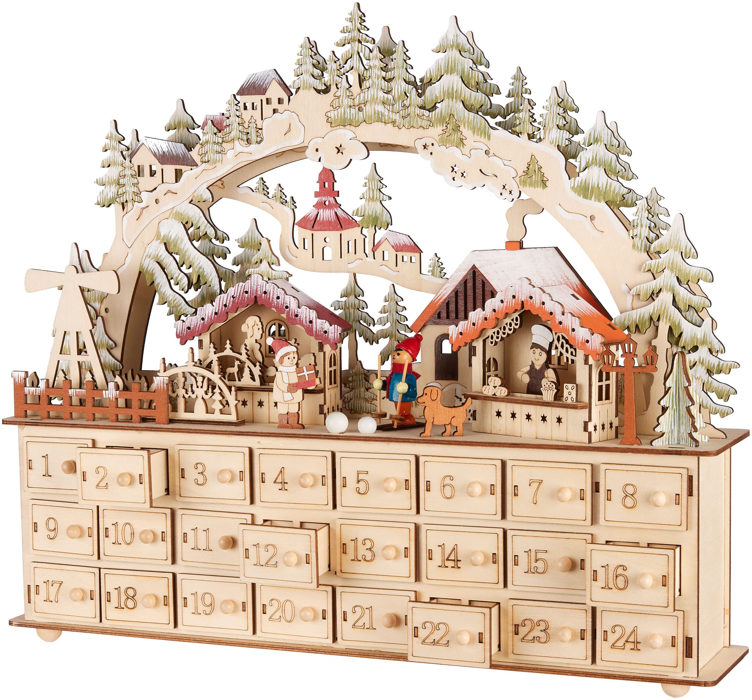 BRUBAKER befüllbarer Adventskalender Weihnachtsdorf - 40 cm Holz Weihnachtskalender + LED Beleuchtung (Adventskalender zum Befüllen mit Bogen - Beleuchtet, 1-tlg), Dorf mit Kindern, Bäckerei, Hund und Wald