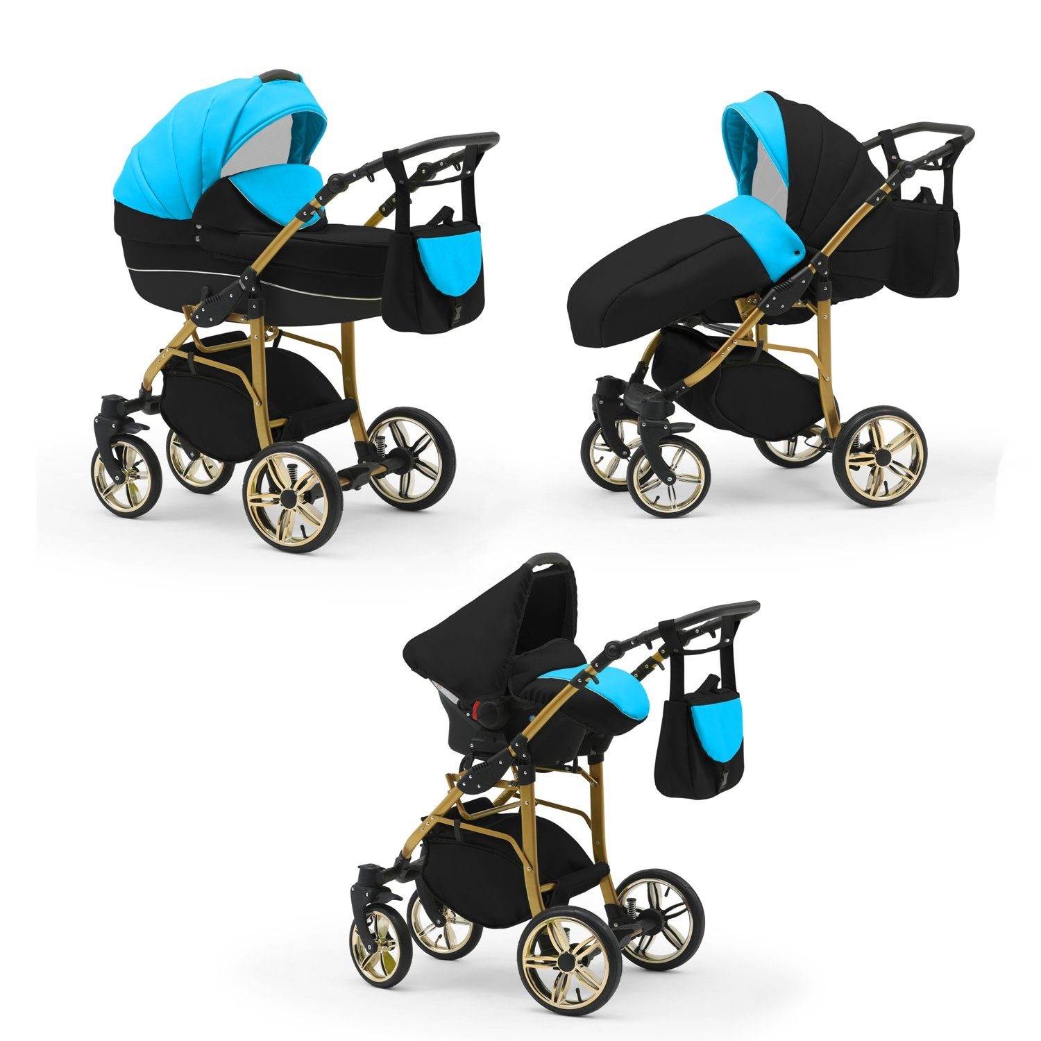 babies-on-wheels Kombi-Kinderwagen 3 in 1 Kinderwagen-Set Cosmo Gold- 16 Teile - in 46 Farben Schwarz-Türkis