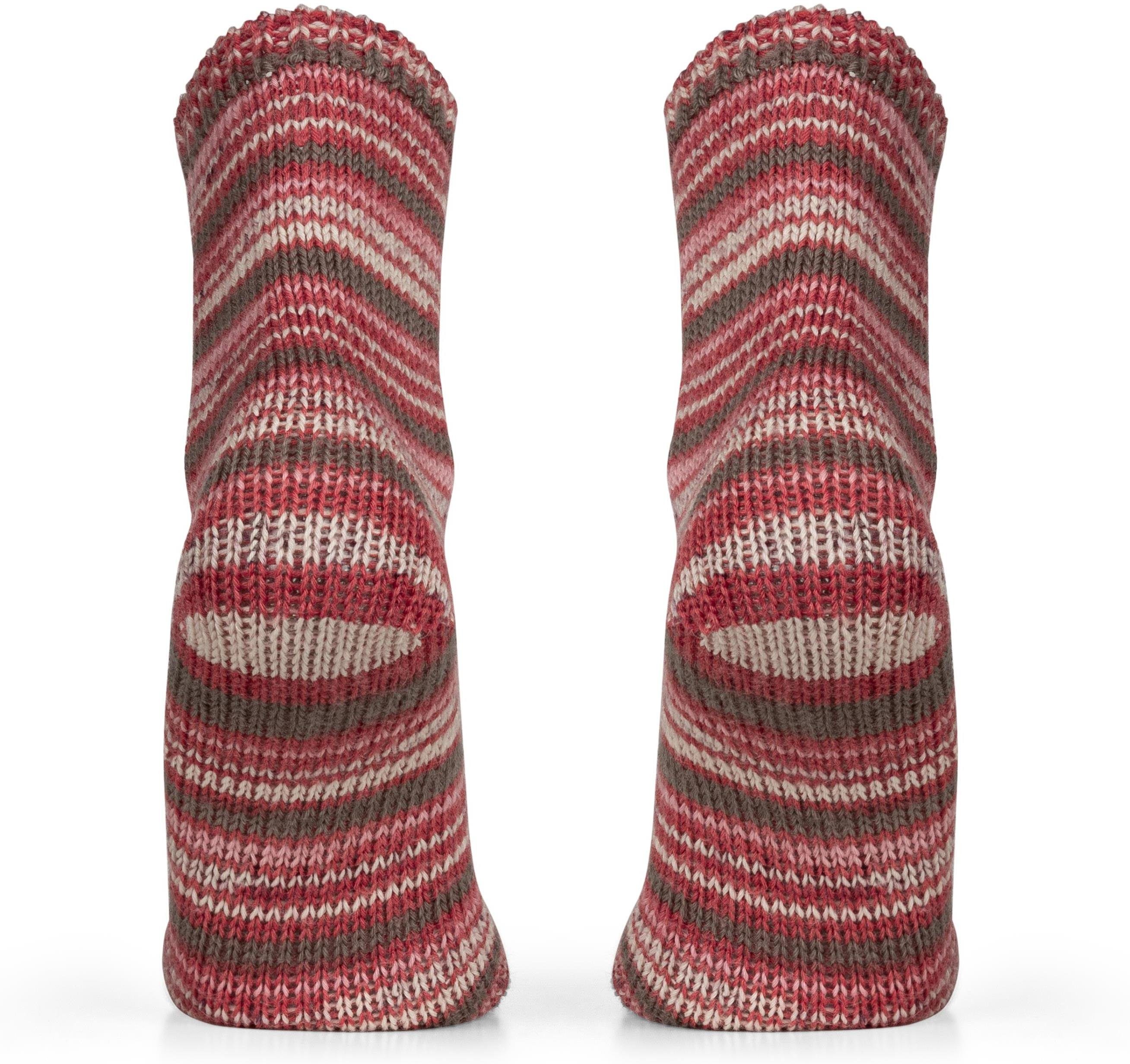 Wollanteil Wollsocken hohem Paar Thermosocken hochwertige mit (2 Bunt-geringelt Qualitätssocken Paar) 2 Gestrickte normani Rot