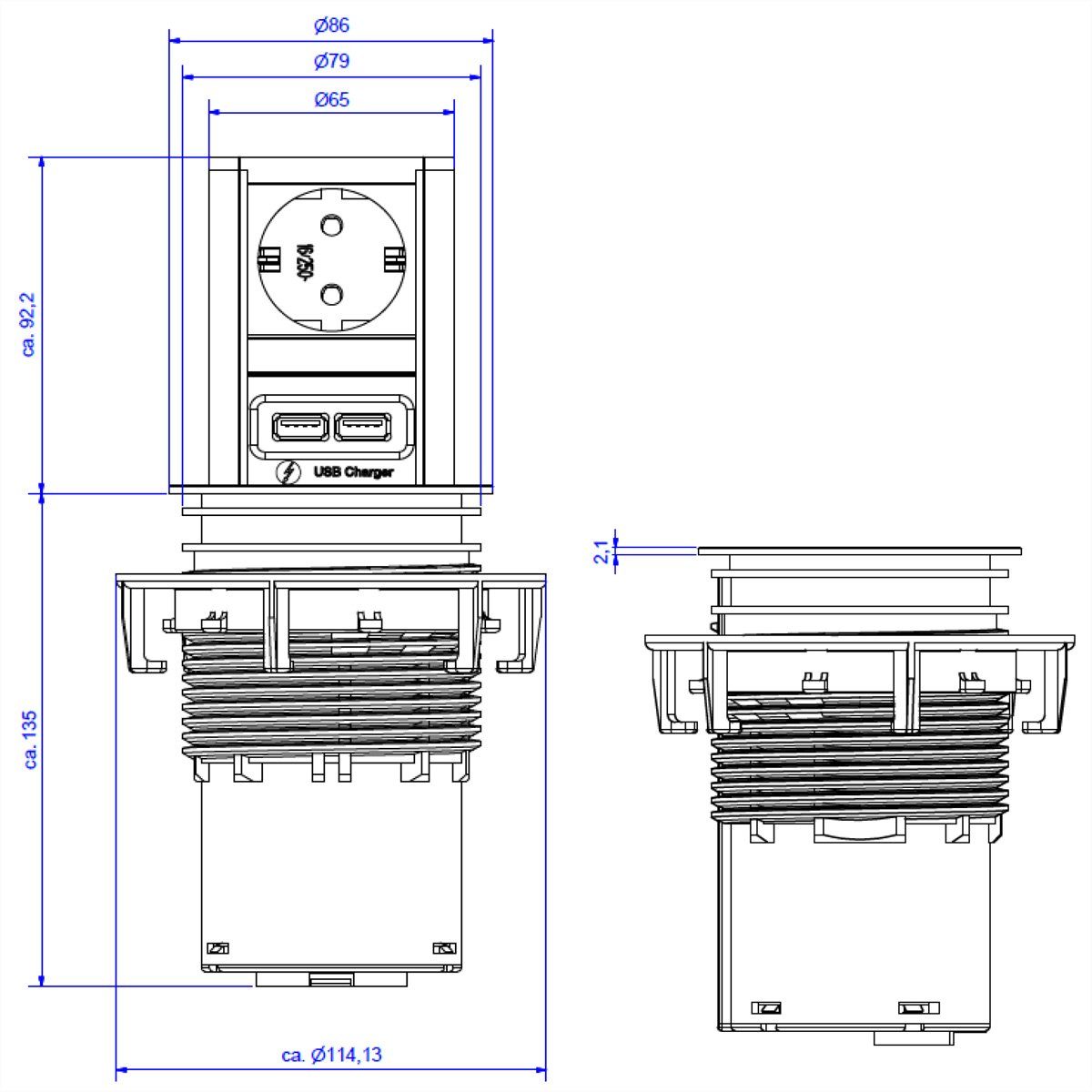 Bachmann ELEVATOR 1xCEE7/3 1xUSB Charger 2,0m AEH RAL9005 Einbau-Tischsteckdosenleiste (Kabellänge 2 m), 928.0177