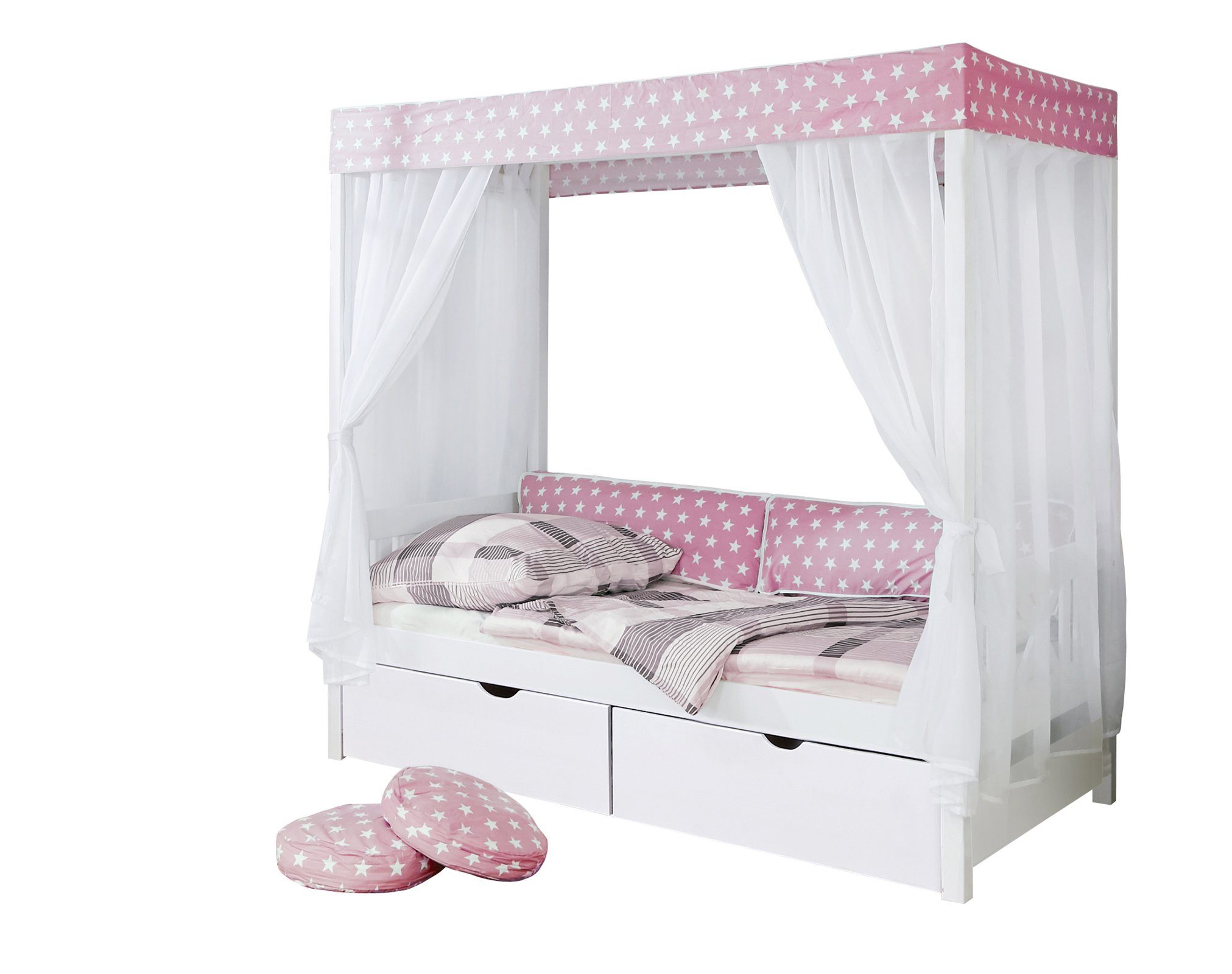 Ticaa Himmelbett Himmelbett "Rosa" 310 Kiefer Weiß (Rosa/Weiß, Oberer Teil abnehmbar und als Einzelbett stellbar