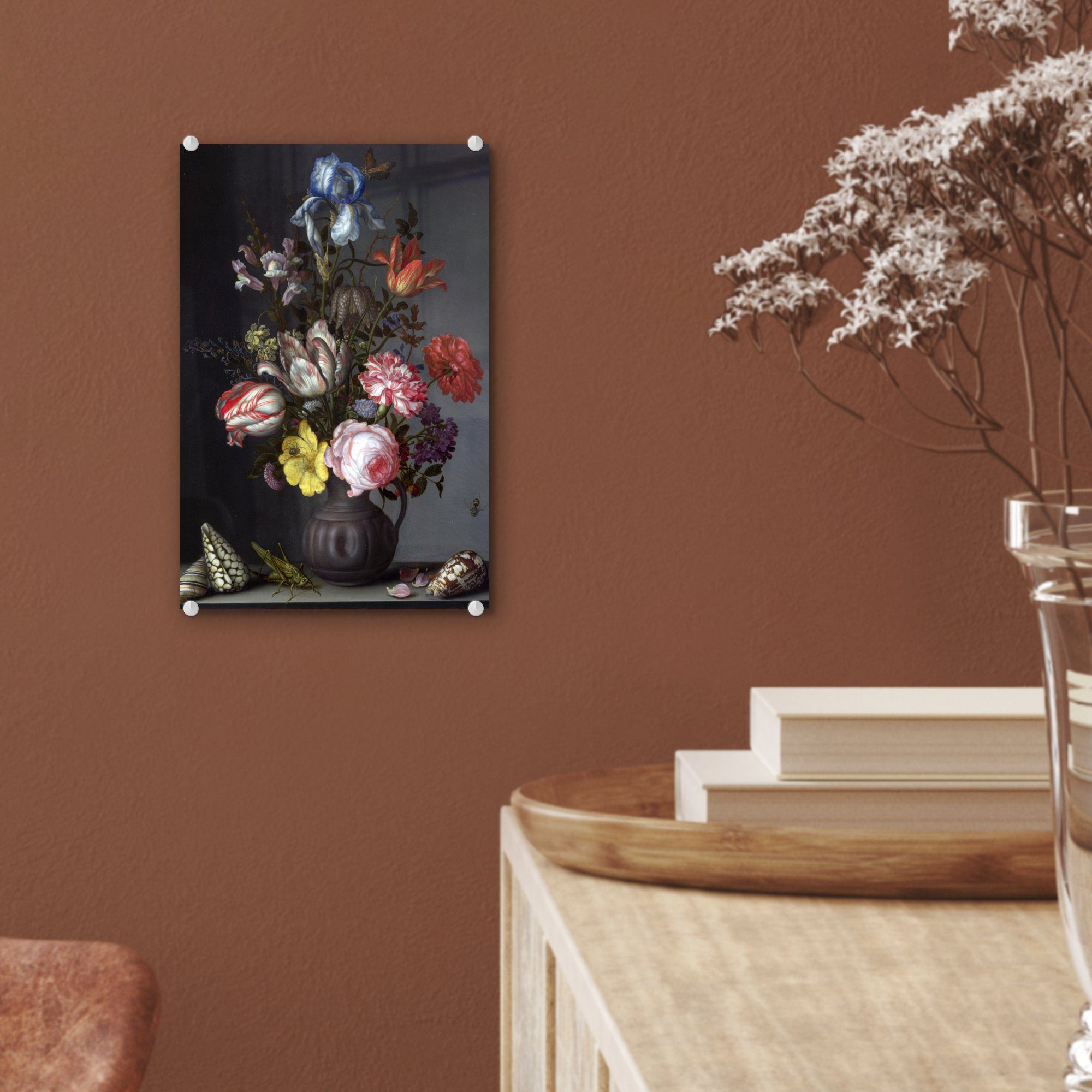 St), Blumen Insekten Glas und Ast, van Vase (1 - - Bilder Glasbilder Muscheln auf in MuchoWow Wanddekoration einer - auf Wandbild bunt - Acrylglasbild der mit Foto Glas Balthasar