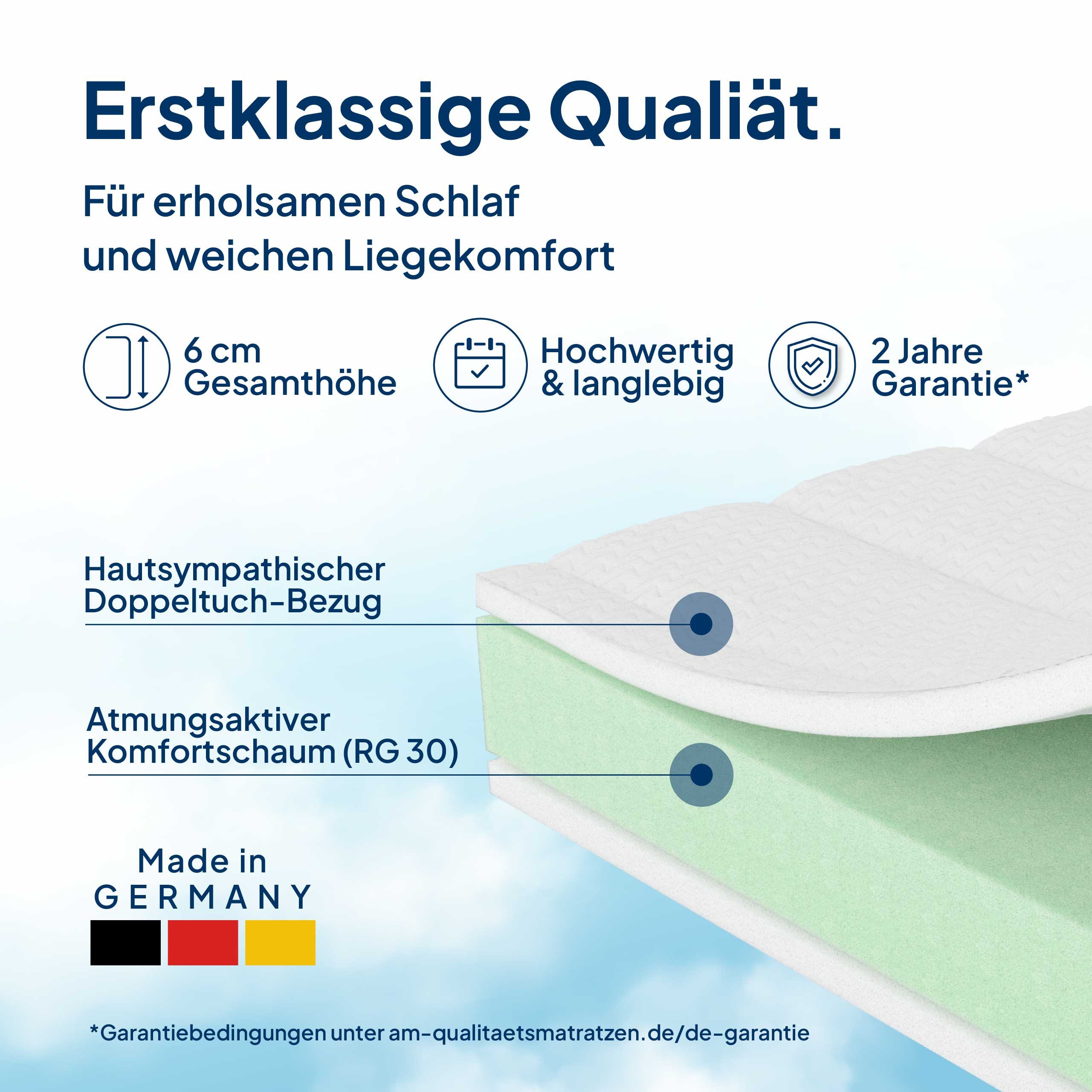 AM Qualitätsmatratzen, Topper weich, Komfortschaumtopper H2, Bezug waschbar, 6 cm hoch, Komfortschaum, 80x200 cm
