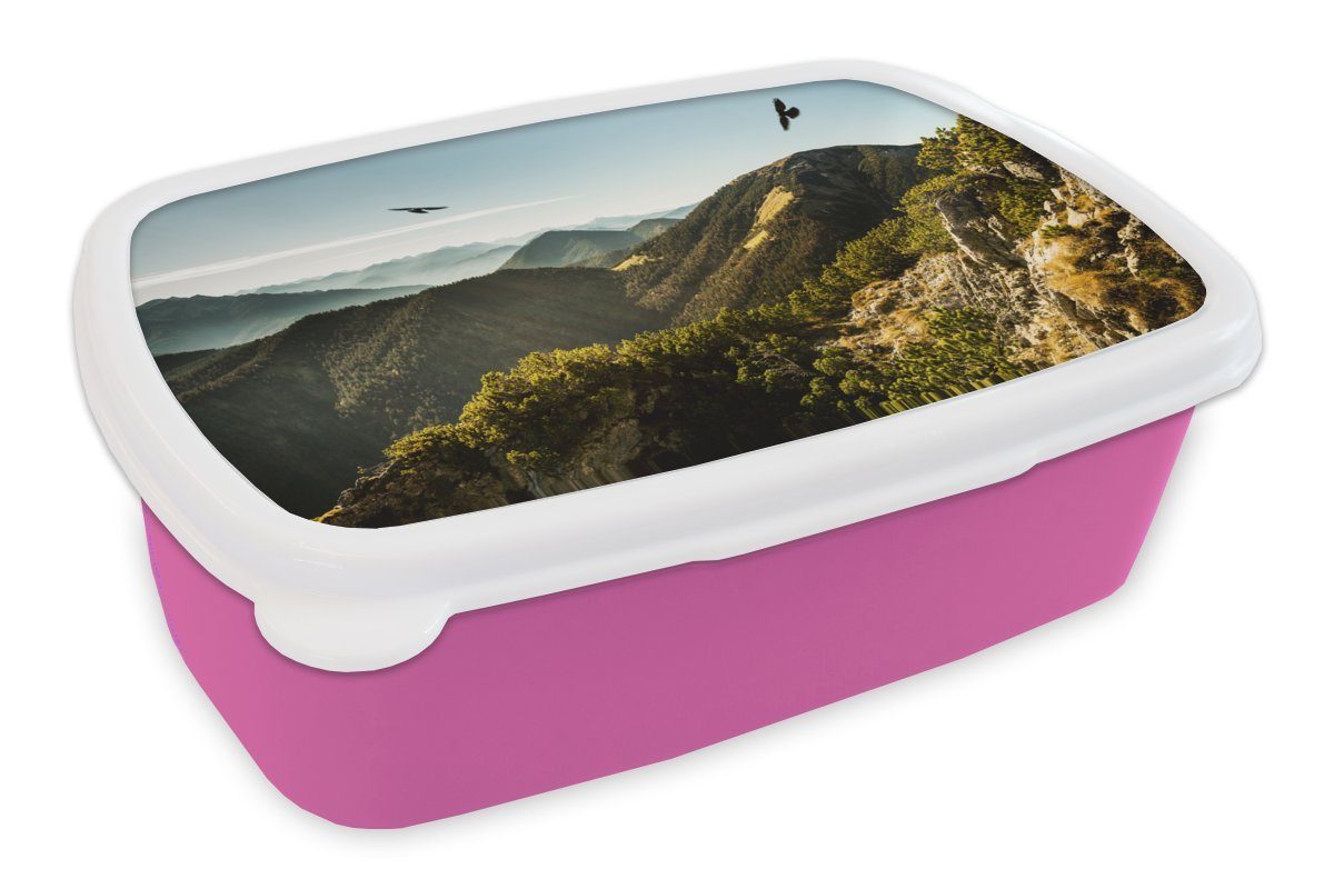 MuchoWow Lunchbox Alpen - Vögel - Wald, Kunststoff, (2-tlg), Brotbox für Erwachsene, Brotdose Kinder, Snackbox, Mädchen, Kunststoff rosa
