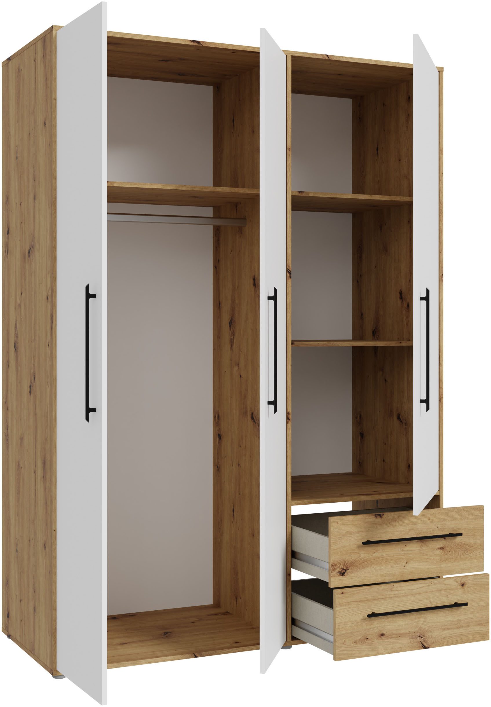 FORTE Kleiderschrank Mokkaris, Garderobe, zeitloses Design, 3 Türen, Made in Europe (B/H/T ca. 144x200x59cm) Zwei Schubladen, schwarze Stangengriffe, Stauraum,  – Bild 5 von 5