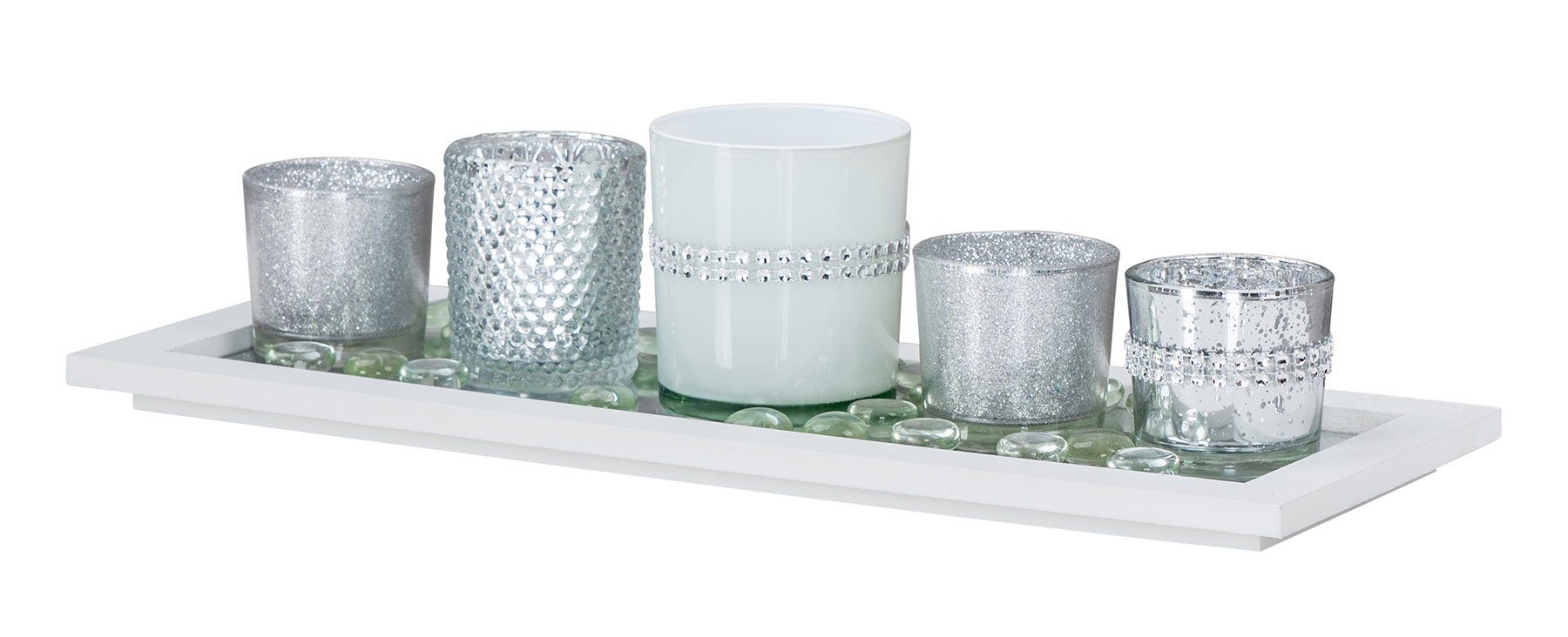 Levandeo® Teelichthalter mit Tablett, Glas Weiß Weihnachtsdeko Silber Tablett Teelichthalter Holz
