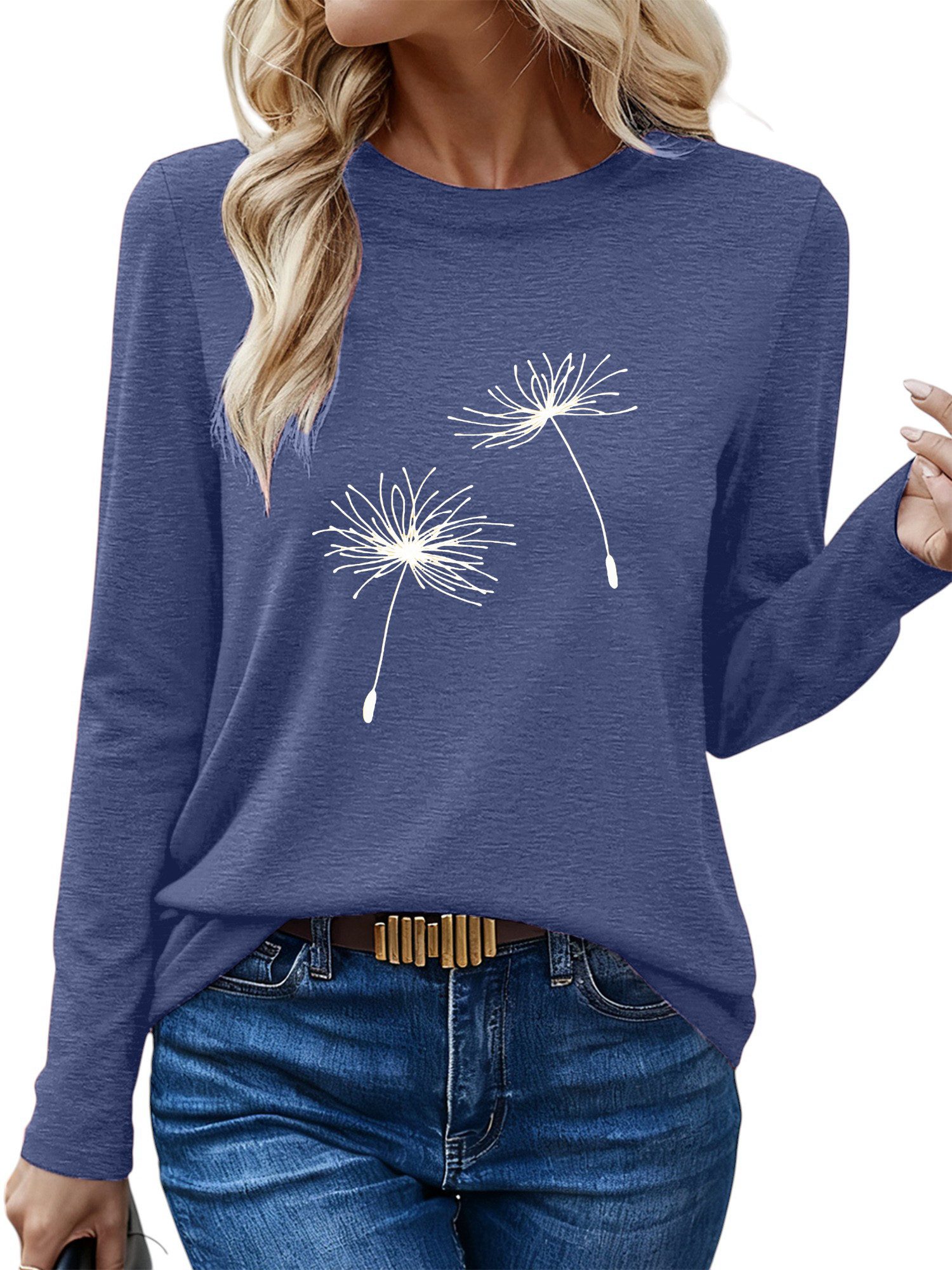 PYLIKE Longsleeve Damen bequemes Winter Longsleeve Shirt Lockere Tops mit Löwenzahn Geeignet für den täglichen Gebrauch im Büro und zu Hause