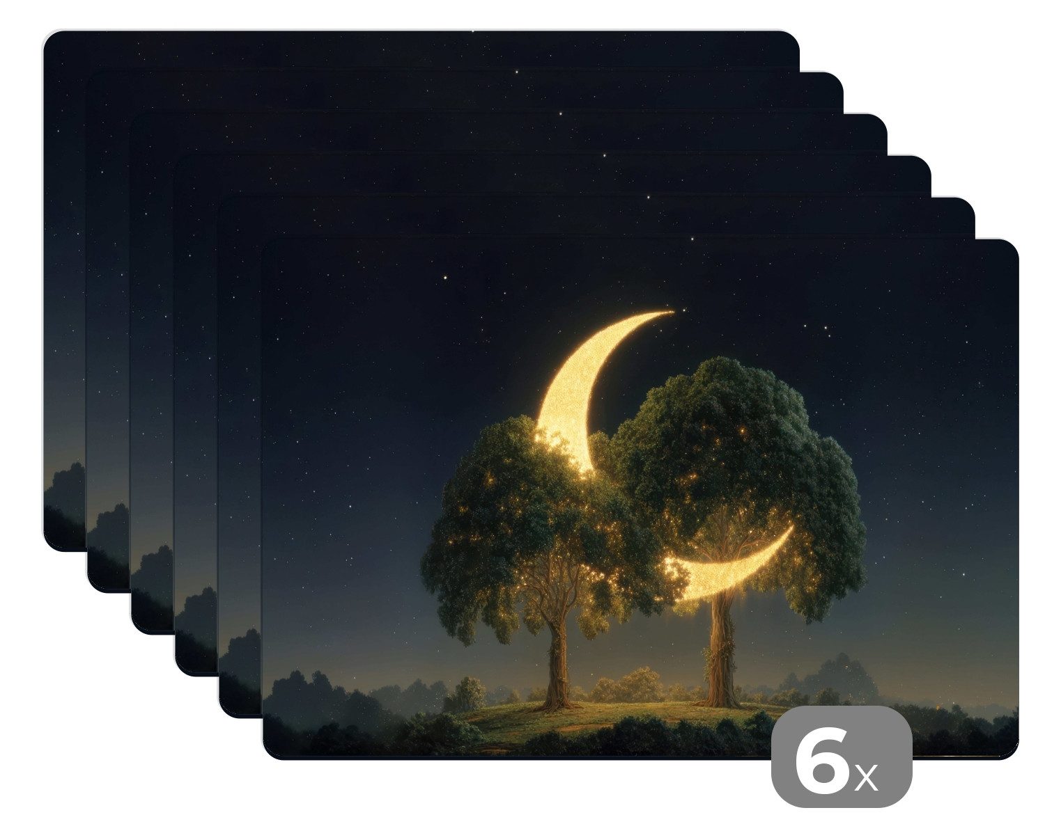 MuchoWow Platzset Mond - Bäume - Ruhe, (6-St), Platzsets, Tischset, Abwaschbar, Tischsets, Platzdeckchen