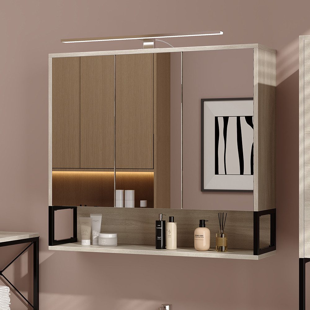 Vicco Badezimmerspiegelschrank Vionna, Eiche/Schwarz, 80 x 71.5 cm mit LED-Licht (1-St)