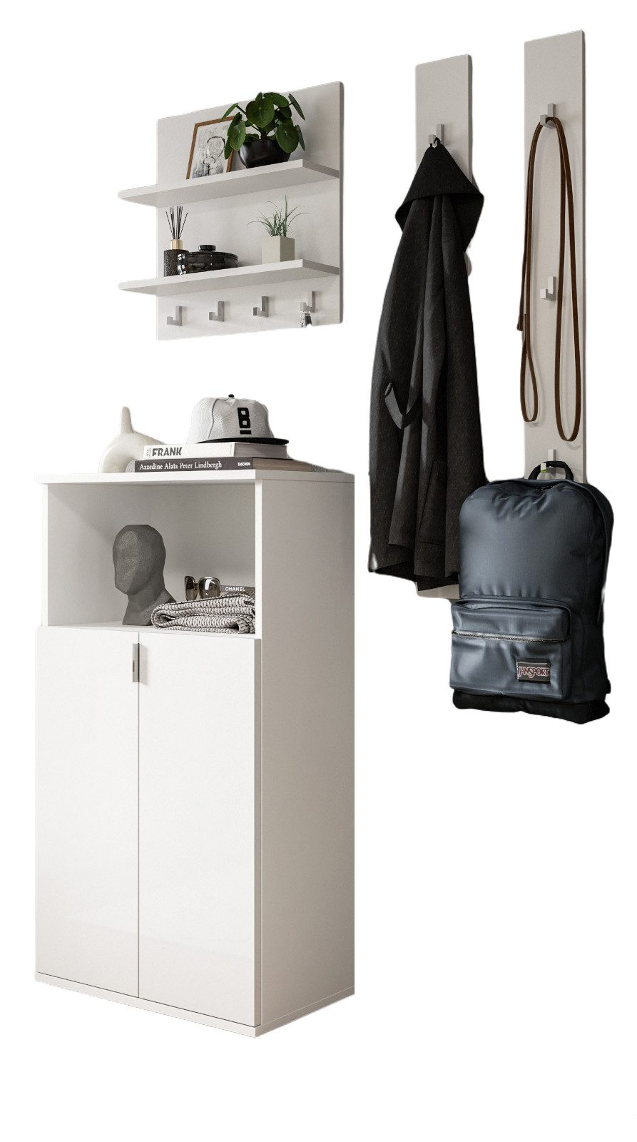 Inn.Furn Garderoben-Set SystemX, (in weiß Hochglanz, 4-St., Garderobenkombination 117 cm), mit Kommode und Schlüsselboard