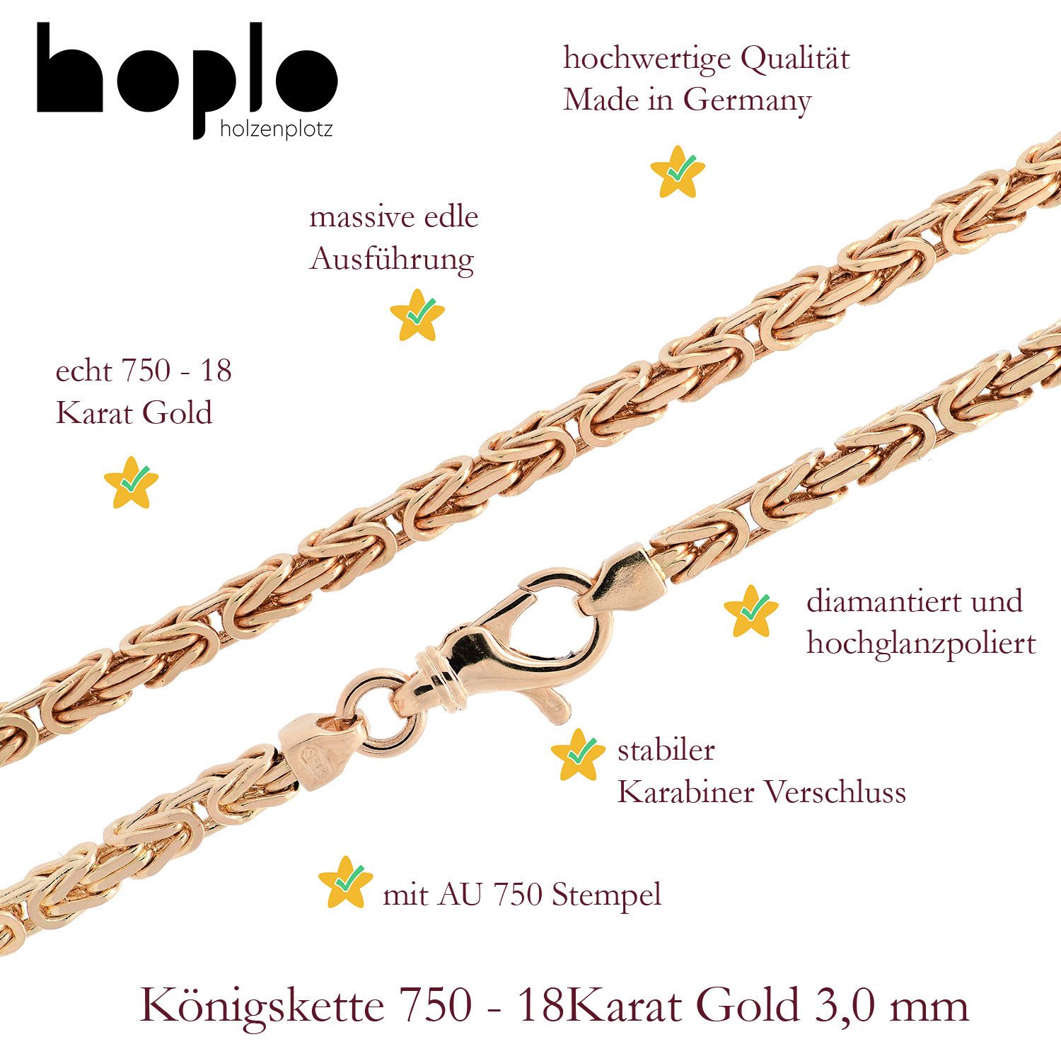 HOPLO Goldarmband Goldarmband Königskette Breite 3,0 mm 19 cm massiv 750-18 Karat Gold, Made in Germany