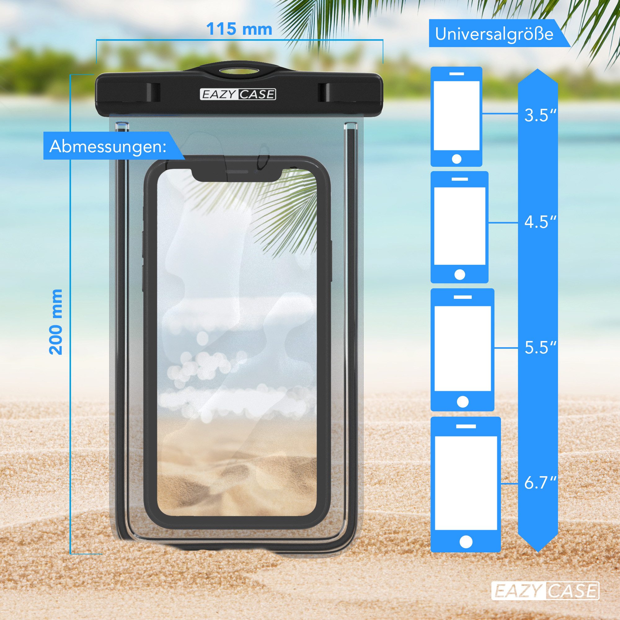 EAZY CASE Handyhülle Universale Unterwasser-Tasche für viele Modelle 3,5 - 6,7 Zoll, wasserdichte Handytasche Unterwasserhülle Handy IPX8 Schutz Schwarz