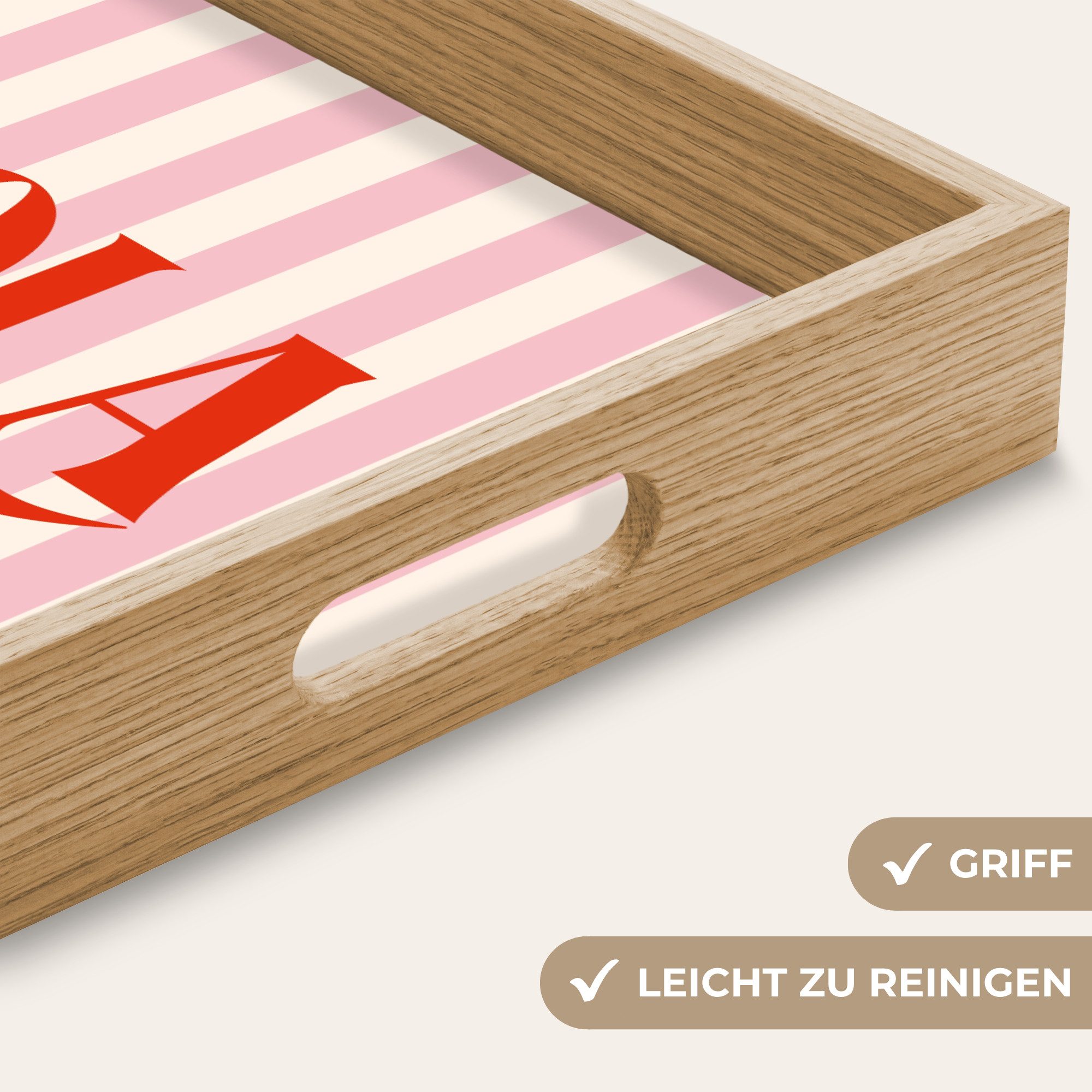 OnlyWow Tablett Rechteckig mit Henkel Hola - Zitat - Streifen - Pastell - Rosa - Rot -, Eichenholz, (1-tlg), Siervierplatte, Tray, Frühstücksbrett