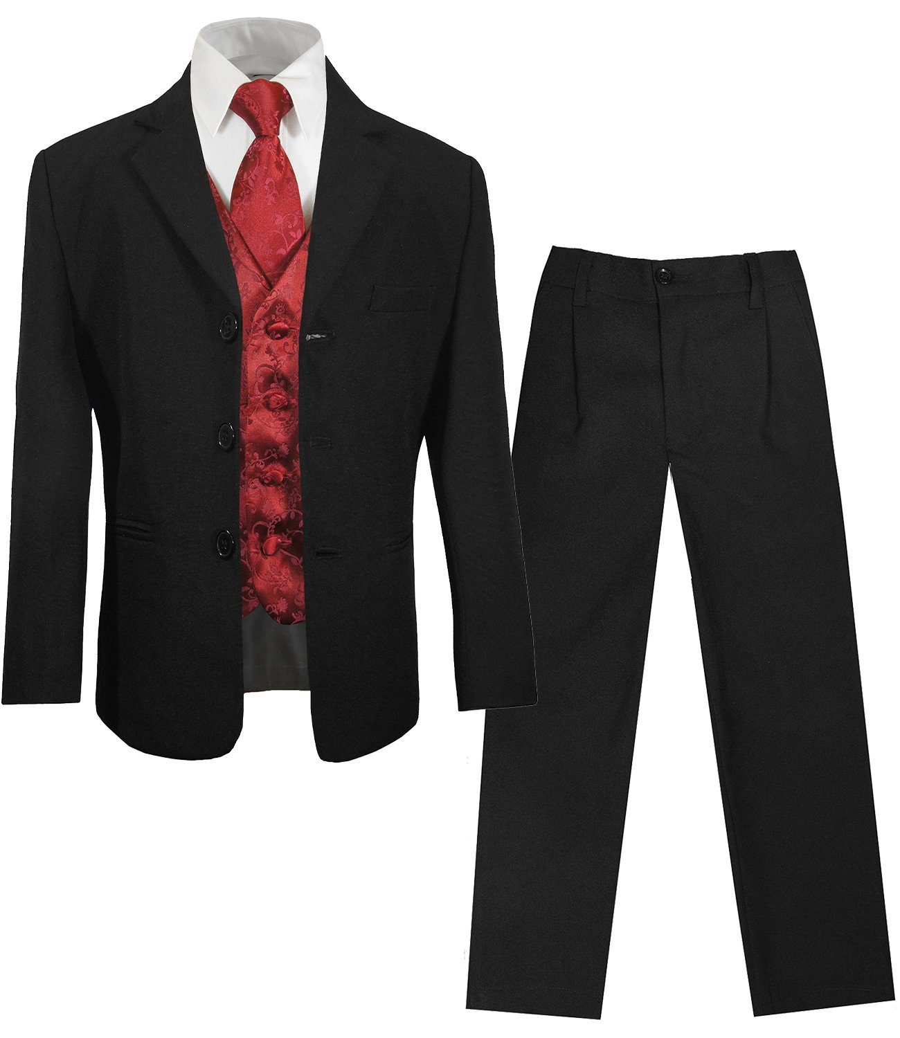 Paul Malone Kinderanzug 5-teilig Festlicher Anzug für Jungs schwarz Kommunionanzug (Set, 5-tlg., mit Sakko, Hose, Hemd, Weste und Krawatte) weinrot, KA20KV95-Krawatte, 86/92 (1 Jahr)