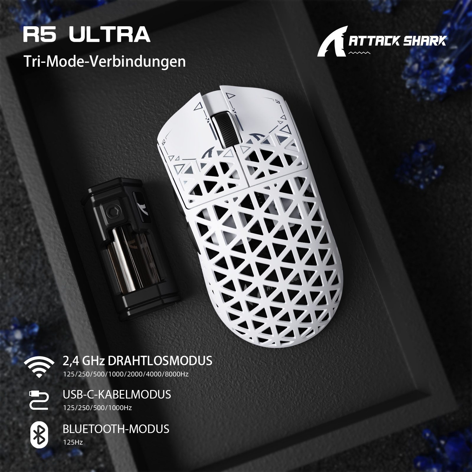 ATTACK SHARK R5 Ultra Carbonfaser Gaming-Maus,39g,8000Hz,42000 DPI,PAW3950MAX Gaming-Maus (2.4G, Bluetooth, kabelgebunden)