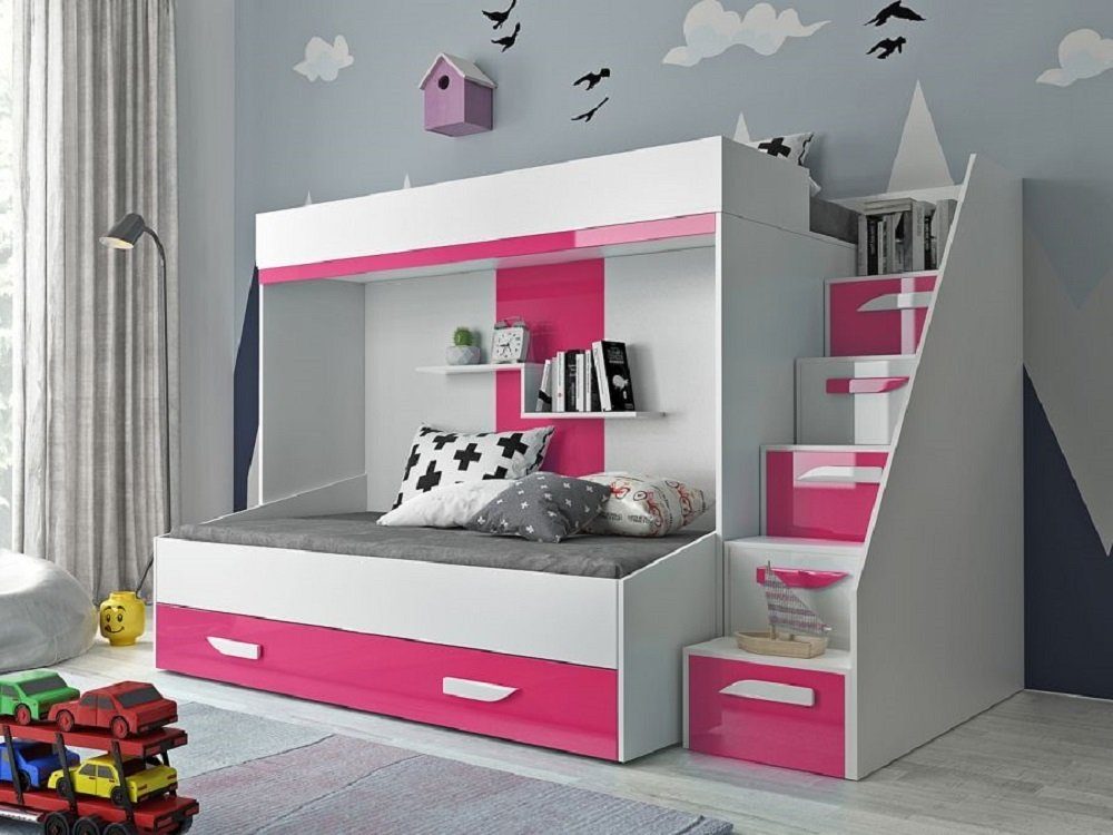 QMM TraumMöbel Hochbett Etagenbett "Paris 6" für 2 Kinder mit Schublade weiß (2 Liegeflächen) mit 2 Liegeflächen