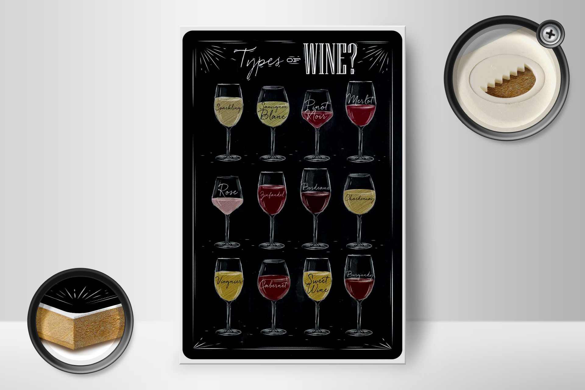 Femer GmbH Holzbild Alkohol 12x18 cm Types of Wine 12 Weingläsern, (1 St), Glatte Holzfaserplatte (MDF), vorn beschichtet