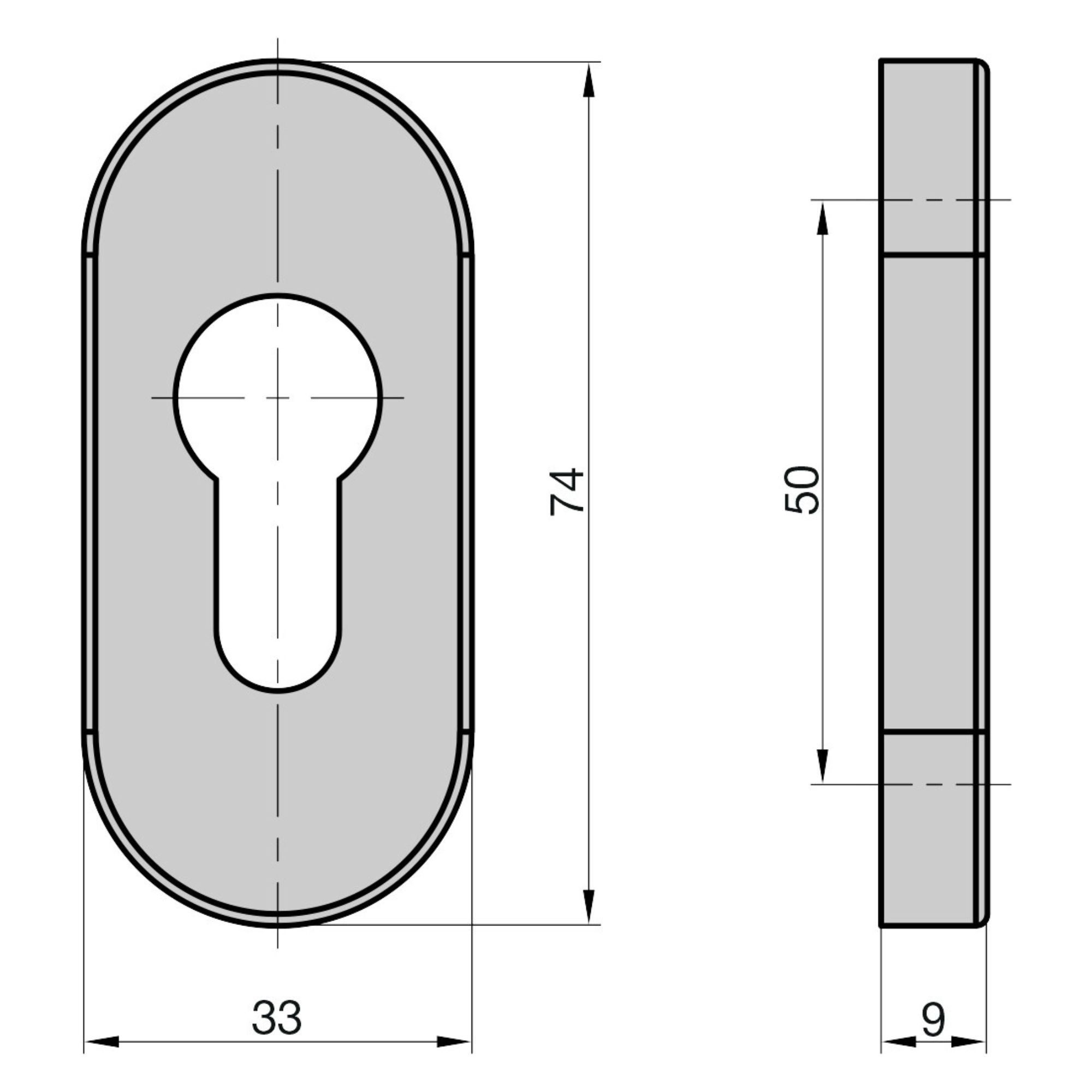 BASI Türbeschlag Schutzrosette mit PZ-Lochung (Packung), aus Edelstahl, für Profil- und Rahmentüren, Stärke 9 mm, oval