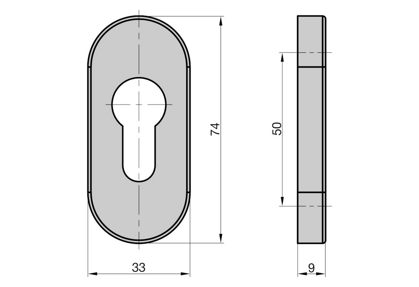 Thumbnail - BASI Türbeschlag Schutzrosette mit PZ-Lochung (Packung), aus Edelstahl, für Profil- und Rahmentüren, Stärke 9 mm, oval