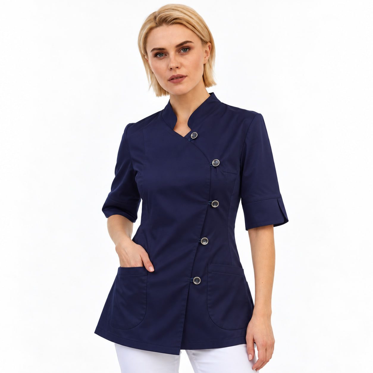 STM Company Kasack Damen-Kasack mit asymmetrischer Knopfleiste, Asymmetrische Knopfleiste, Stehkragen