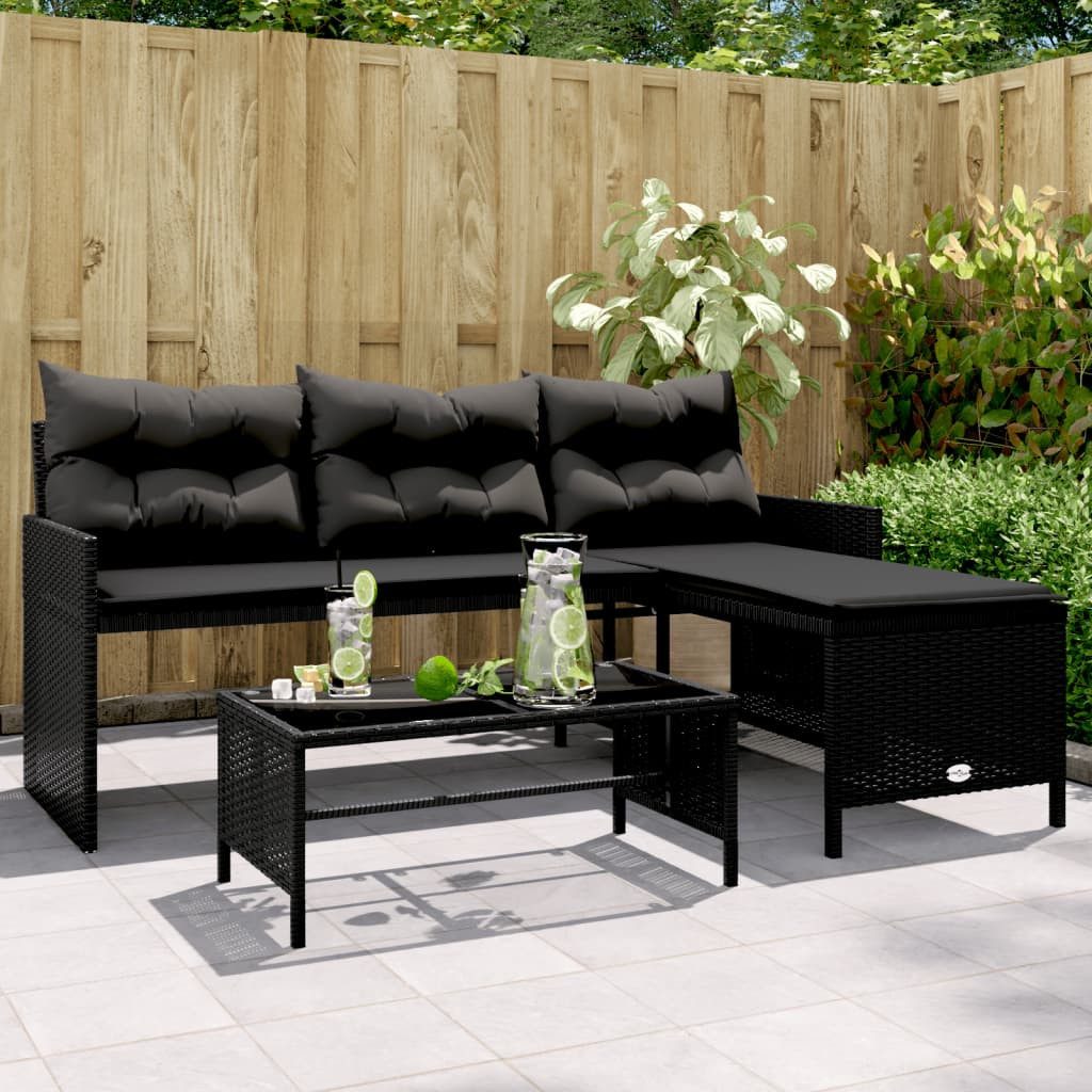 vidaXL Loungesofa Gartensofa in L-Form mit Tisch und Kissen Schwarz Poly Rattan