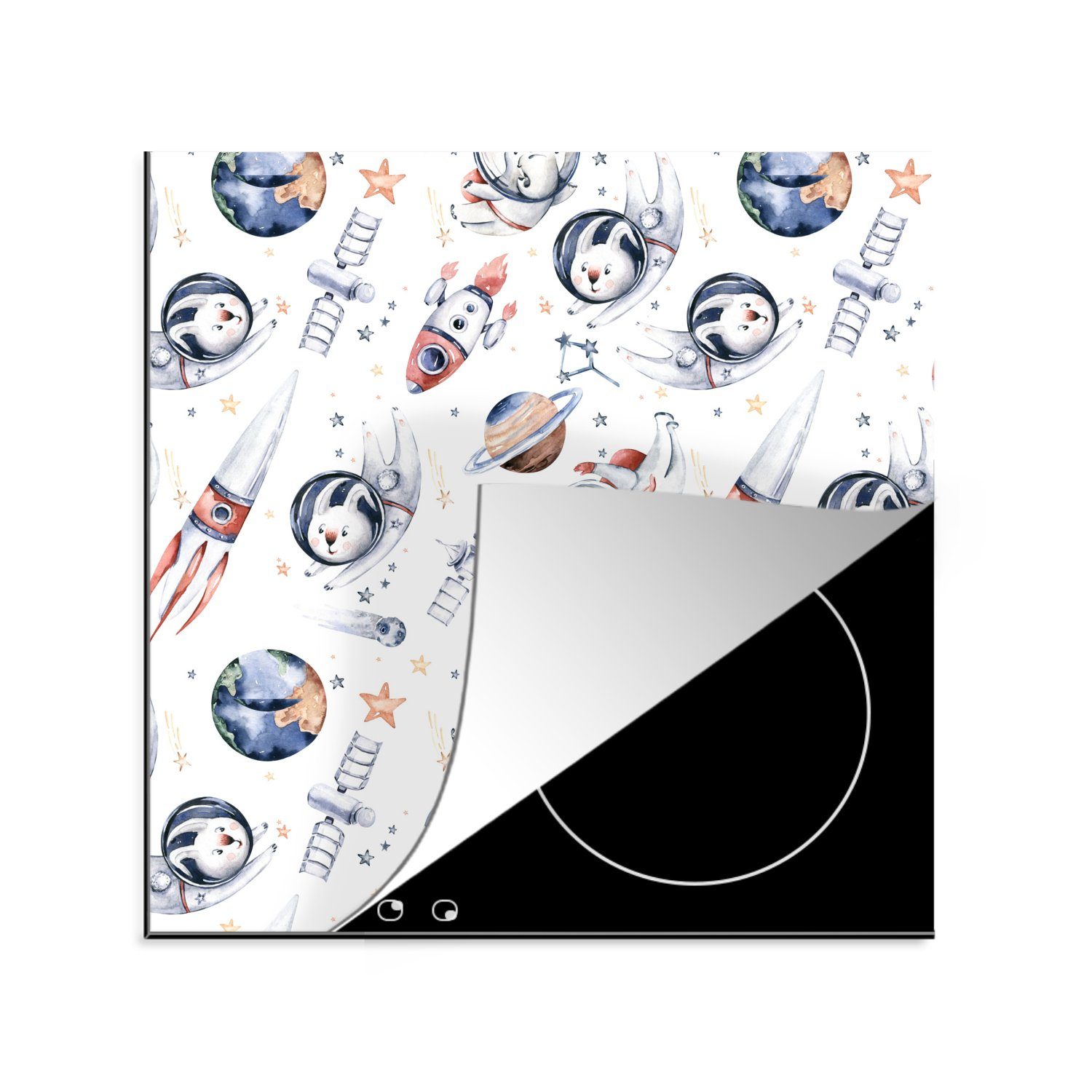 MuchoWow Herdblende-/Abdeckplatte Muster - Tiere - Rakete - Jungen - Kinder - Mädchen, Vinyl, (1 tlg), 78x78 cm, Ceranfeldabdeckung, Arbeitsplatte für küche