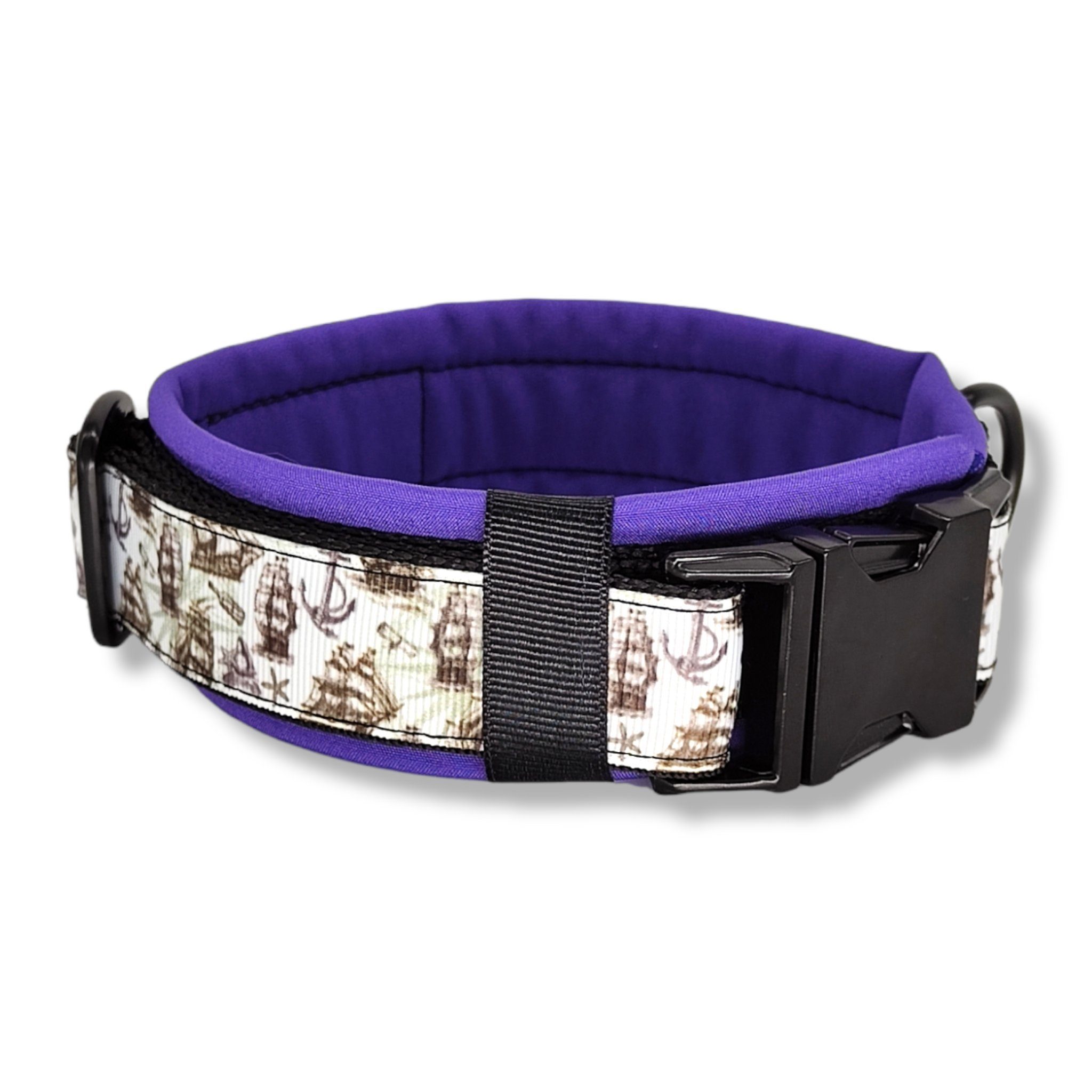 D by E Couture Hunde-Halsband "Black & White Ship III", gepolstert, verstellbar, 30mm breit, Handmade