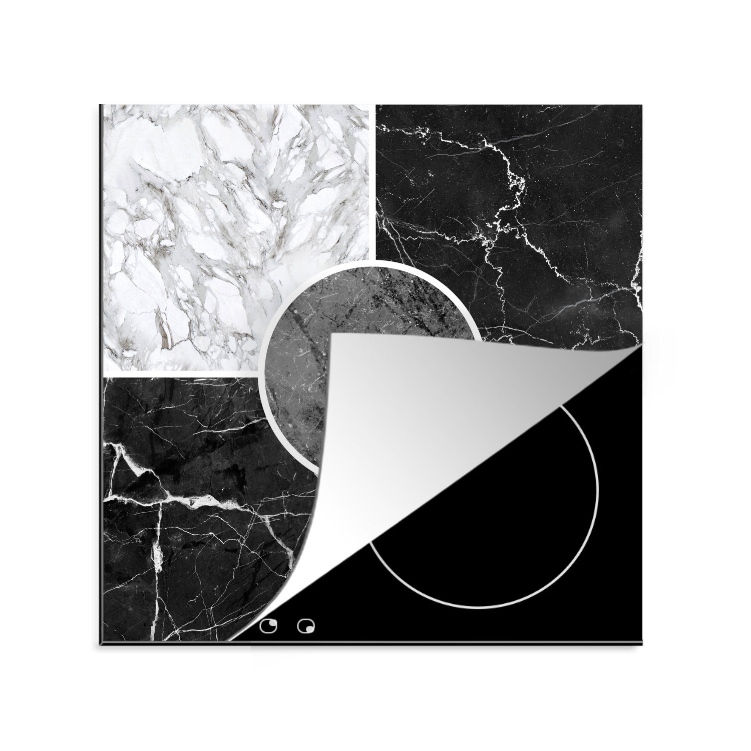 MuchoWow Herdblende-/Abdeckplatte Marmor - Schwarz - Weiß - Luxus, Vinyl, (1 tlg), 78x78 cm, Ceranfeldabdeckung, Arbeitsplatte für küche