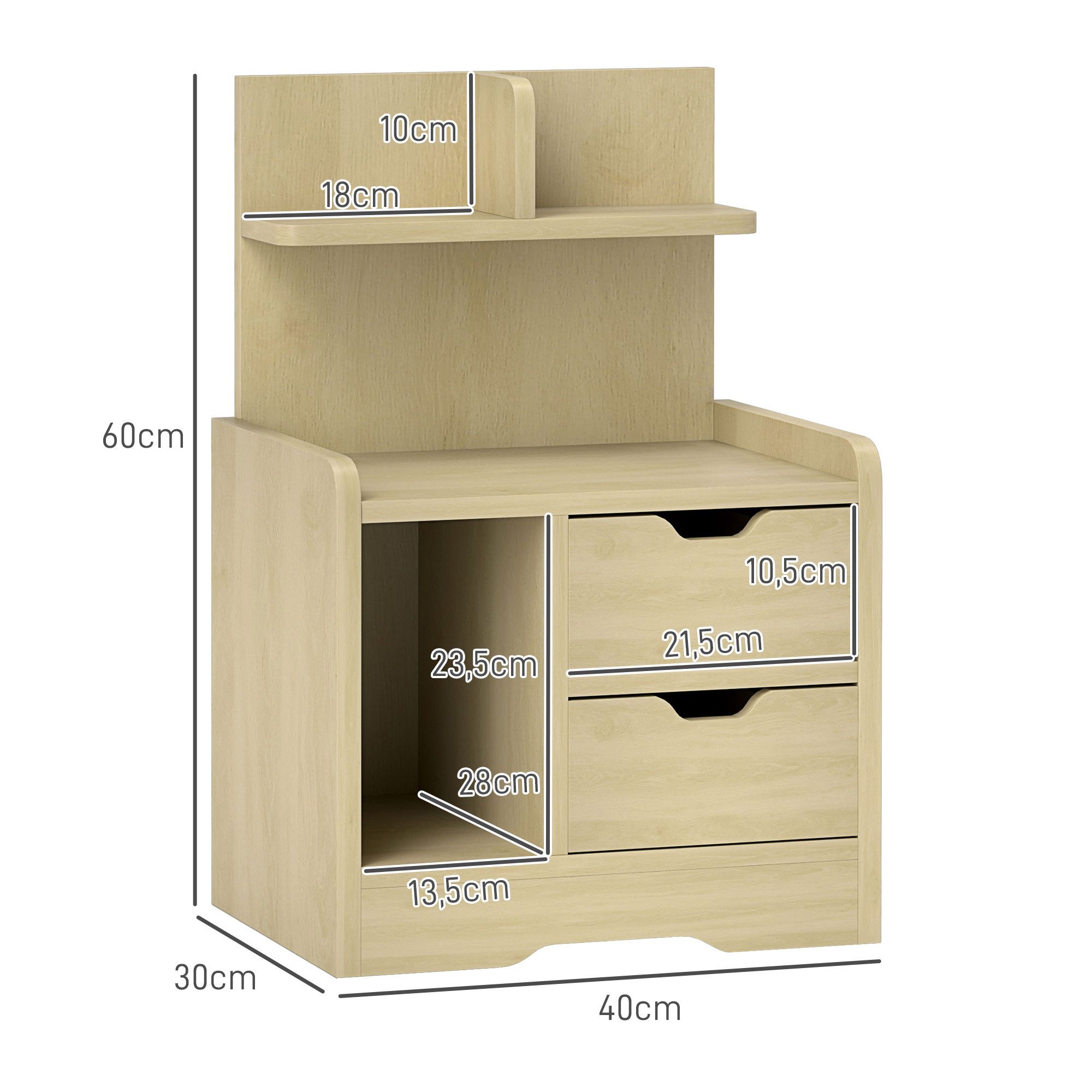 HOMCOM Nachttisch mit 2 Schubladen, offenen Ablage (Beistelltisch, 1-St., Nachtschrank), für Schlafzimmer, Wohnzimmer, 40 x 30 x 60 cm, Naturholz