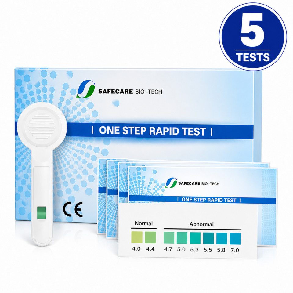 Safecare Bio-Tech Schwangerschaftstest Vaginaler pH-Test – Infektionshinweis & Schwangerschaftsvorsorge, 1 Messparameter, vaginal Test, 5-tlg., pH-Schnelltest zur Bestimmung des vaginalen pH-Werts, Schnell & diskret: Ergebnis in Sekunden, hygienischer Einmaltest