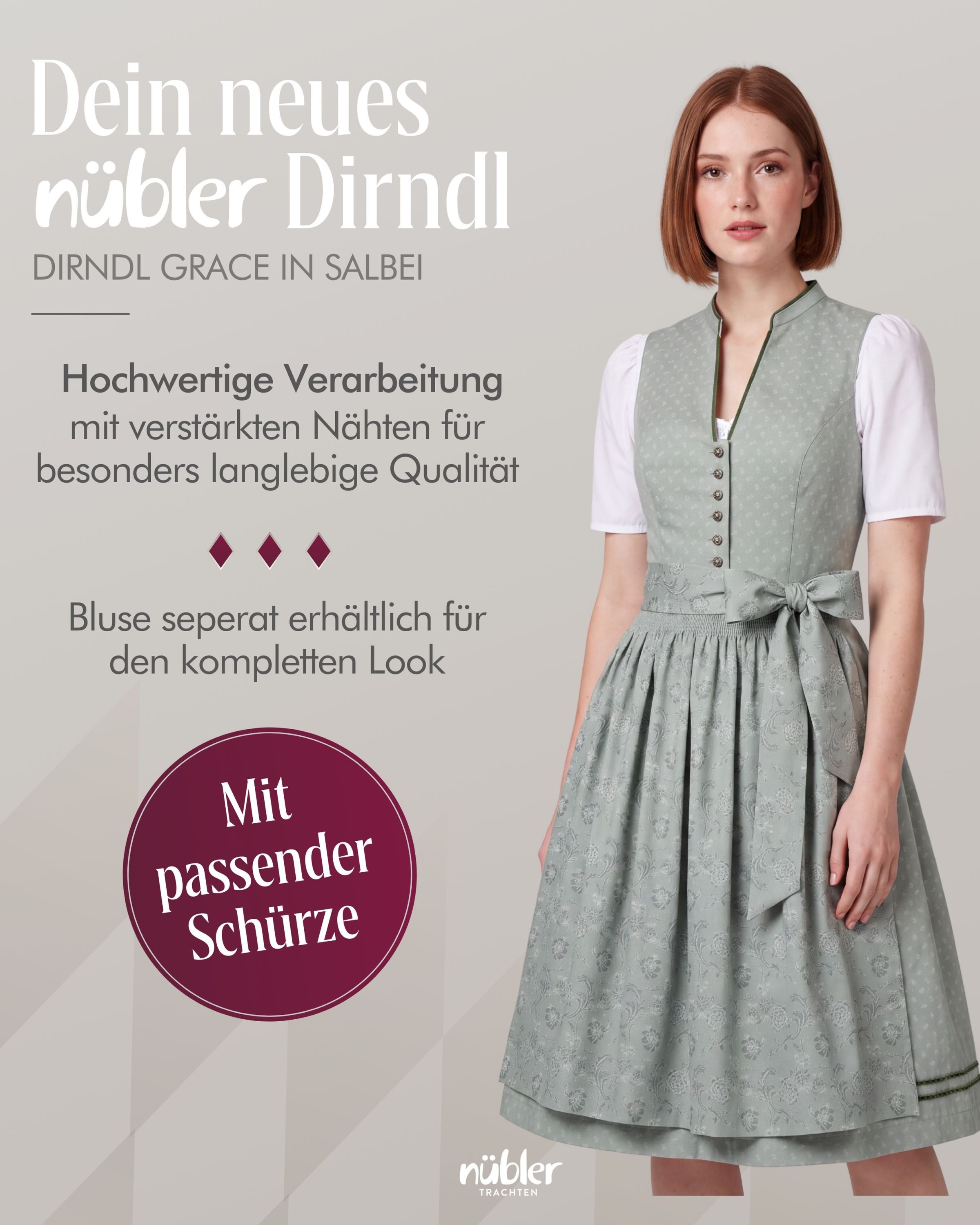 Nübler Trachtenkleid Midi Dirndl Grace in Salbei von Nübler - Rocklänge 65 cm