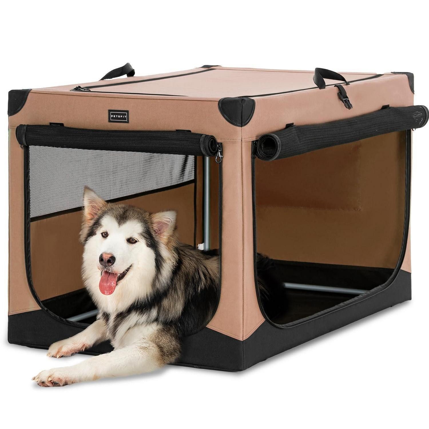 LuxusKollektion Hunde-Transportbox Hundebox faltbar Stoffbezug Khaki 100 cm L x 64 cm W x 63 cm H