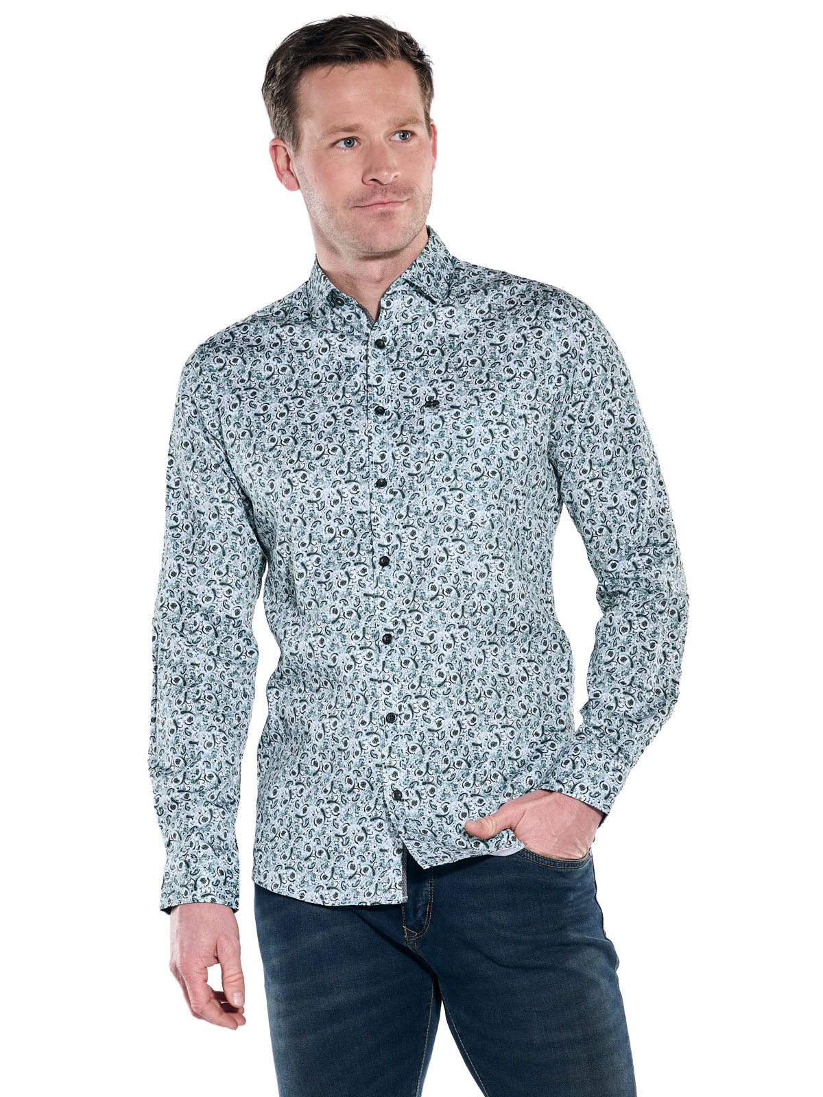 Engbers Langarmhemd Herren Langarm-Hemd gemustert, Petrolgruen