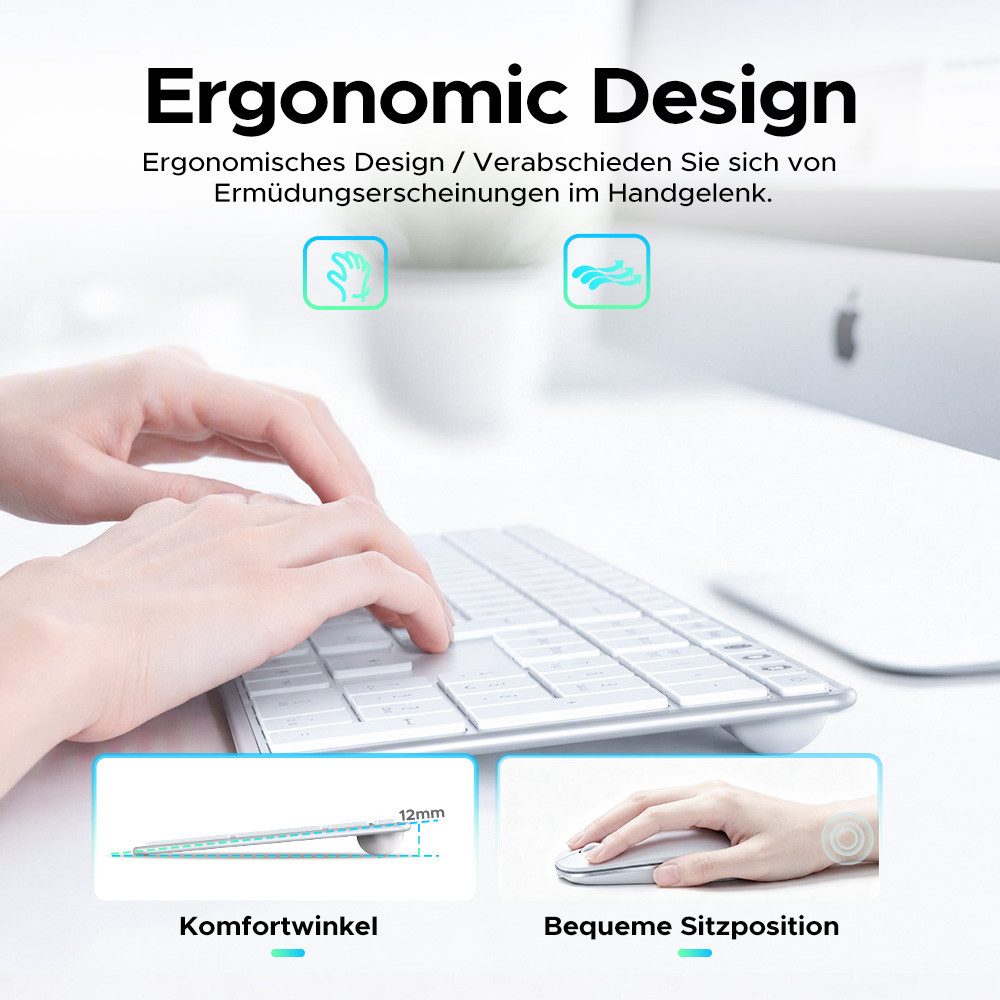 Seenda SKM64-3 Leise Bluetooth Tastatur mit Maus Wiederaufladbare Tastatur- und Maus-Set, (Set, 2 St., Ultradünne Leise Tastatur Maus Set kabellos), Dualmodus, Aufladbar und aus Metall