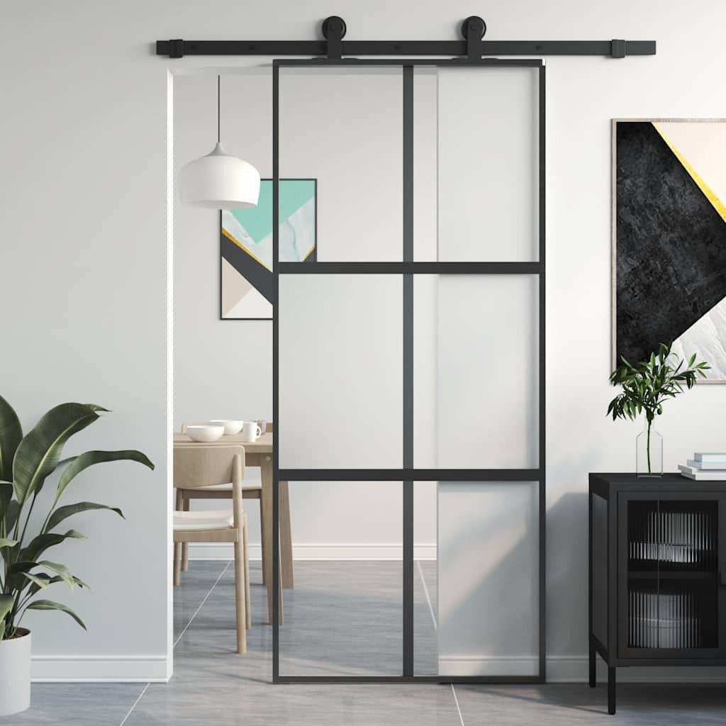 vidaXL Haustür Schiebetür Schwarz 90x205 cm Hartglas und Aluminium (1-St)