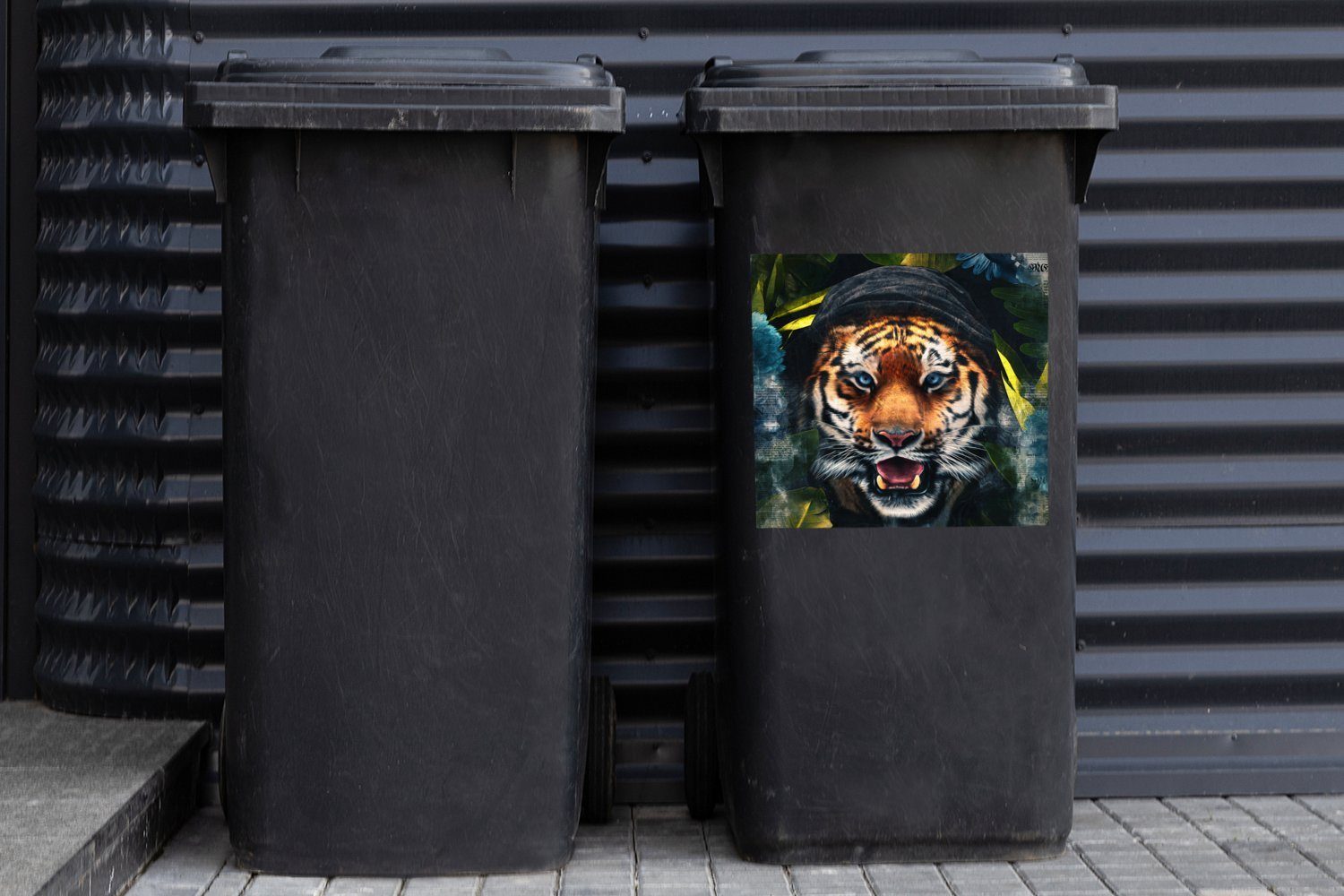 Sticker, (1 MuchoWow Container, Mülltonne, Mülleimer-aufkleber, Abfalbehälter Blau Blumen - Wandsticker Tiger St), -